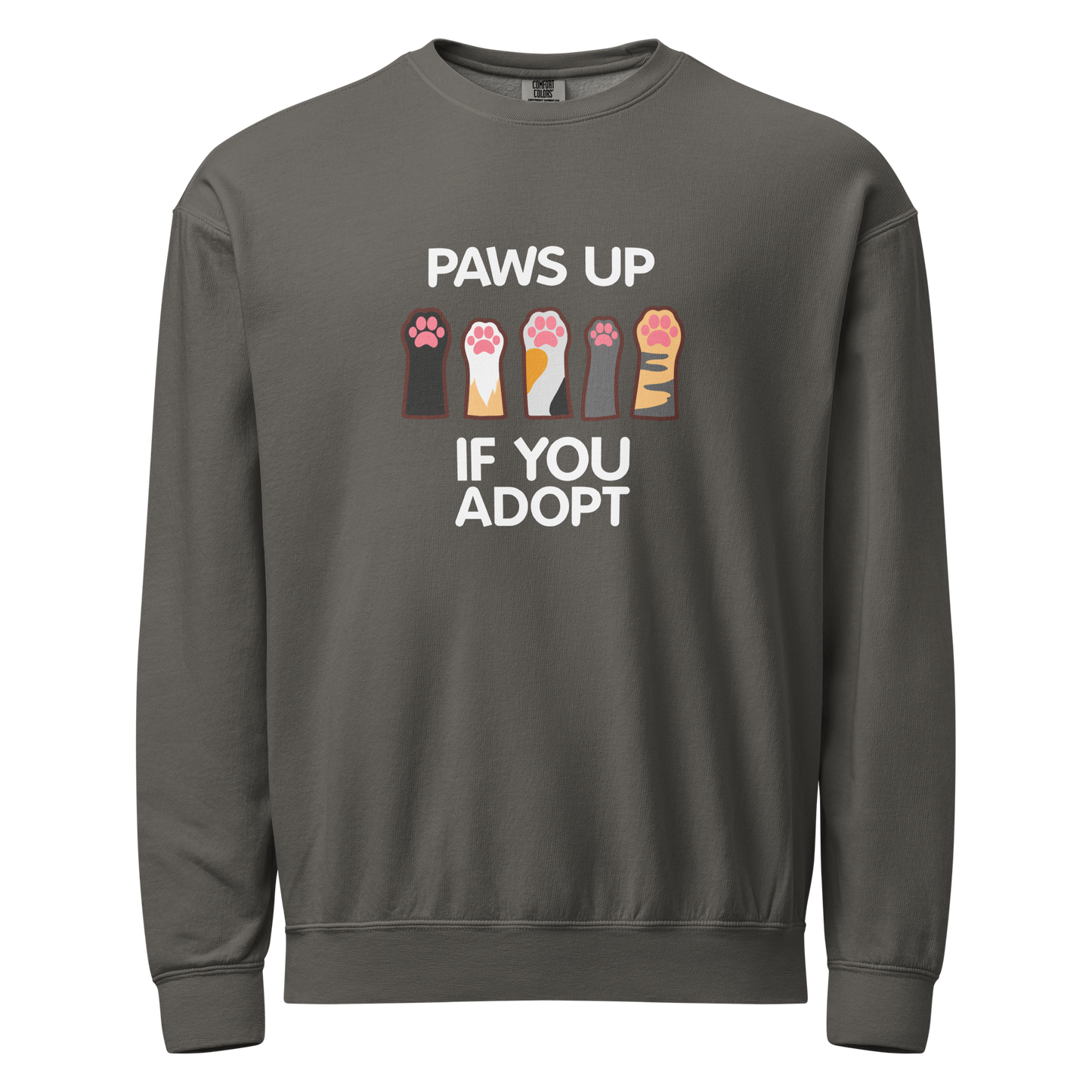 Gray crewneck sweatshirt with paw prints design and text 'PAWS UP IF YOU ADOPT'
