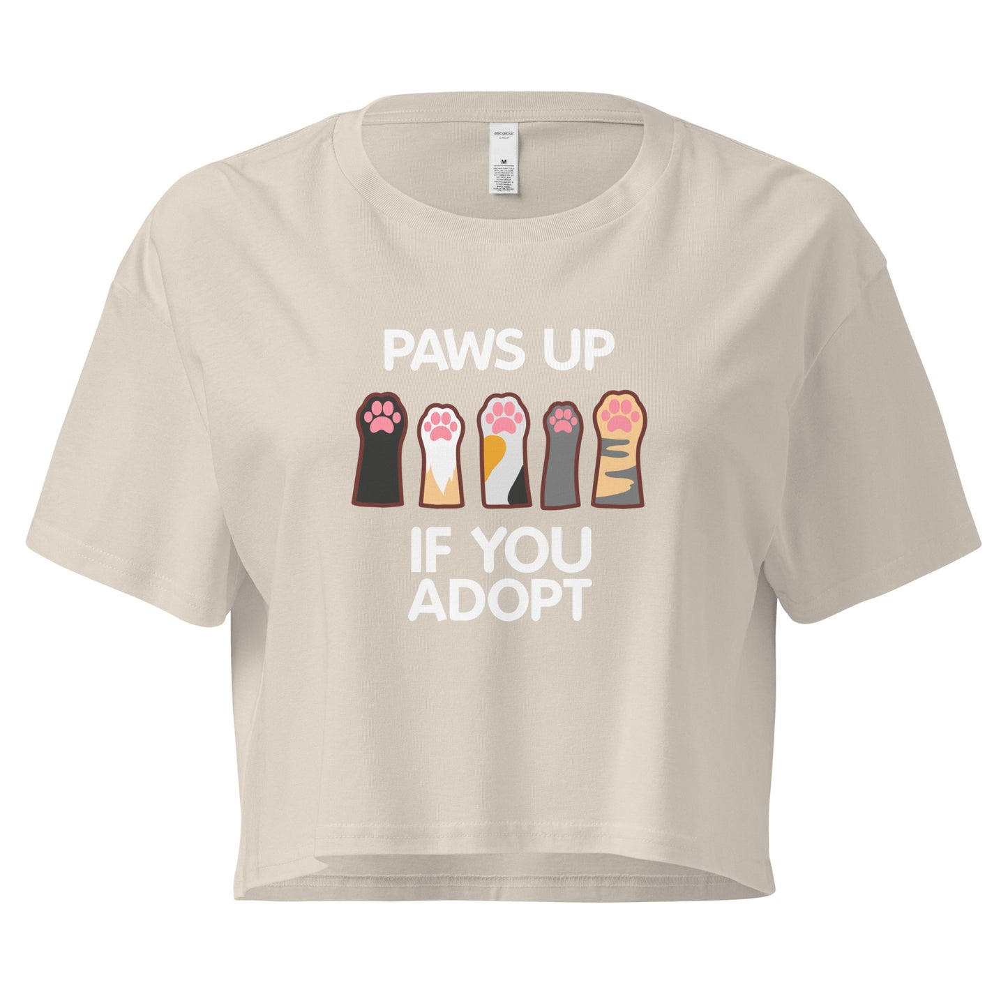 Beige crop top with cat paws 'Paws Up If You Adopt' text design