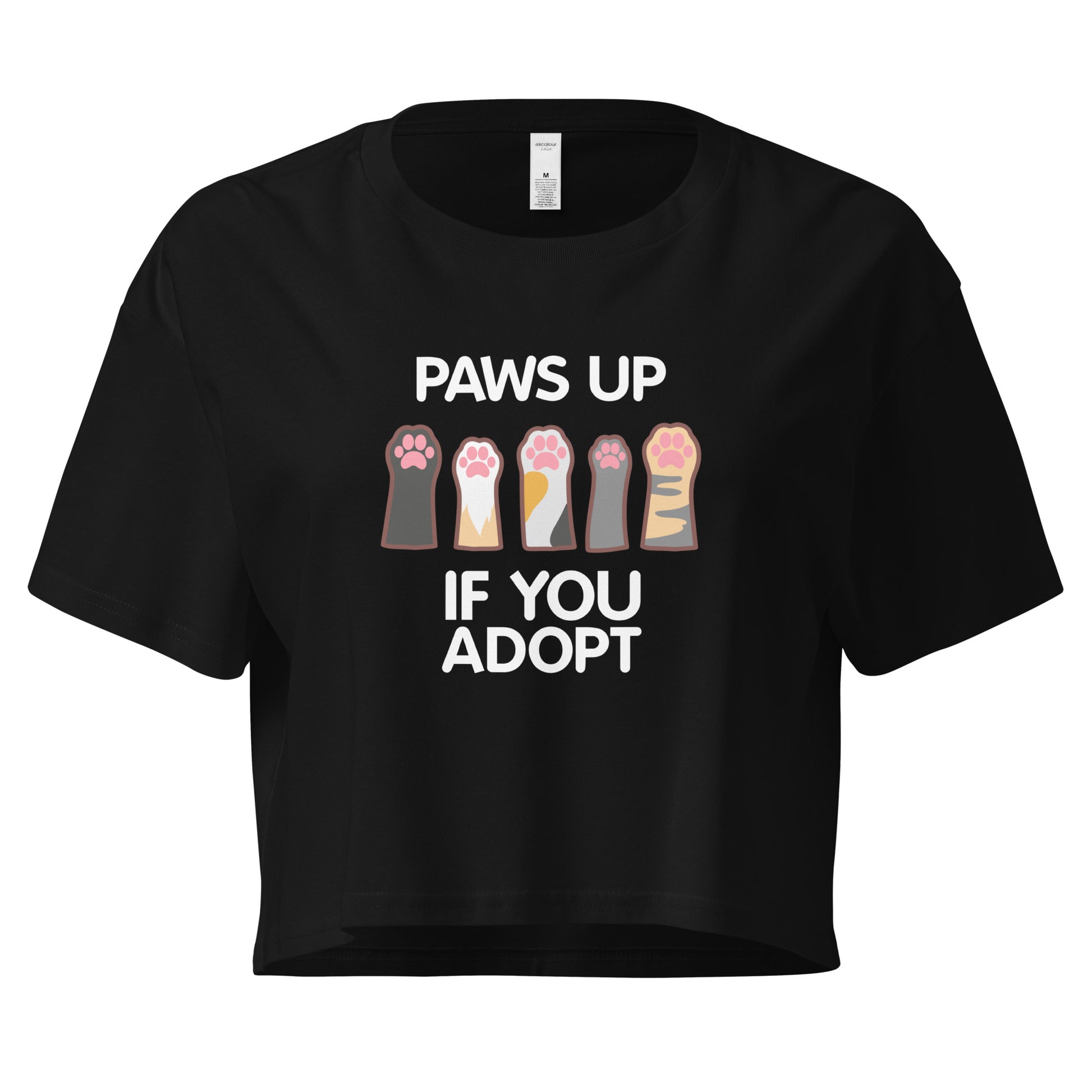 Black crop top with cat paws 'Paws Up If You Adopt' text design
