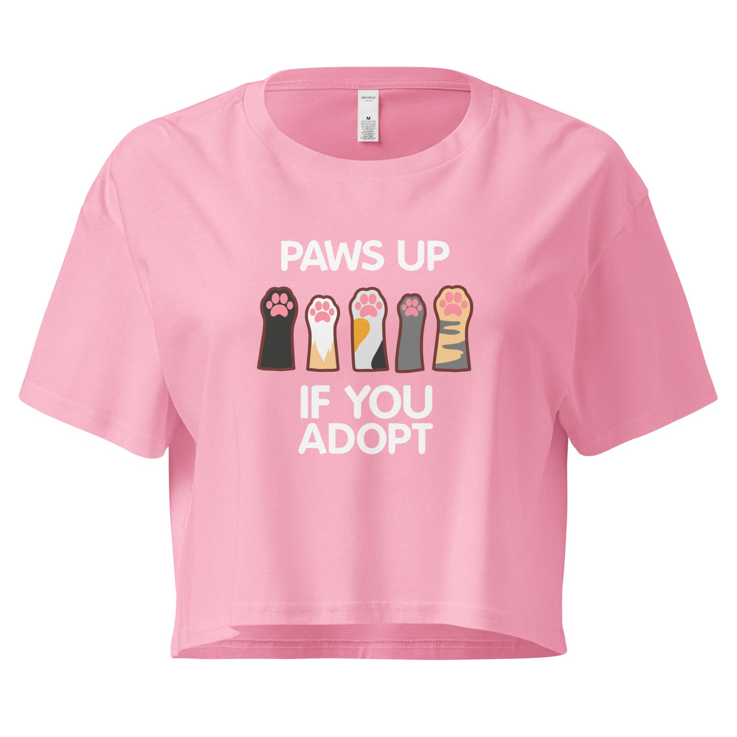 Pink crop top with cat paws 'Paws Up If You Adopt' text design