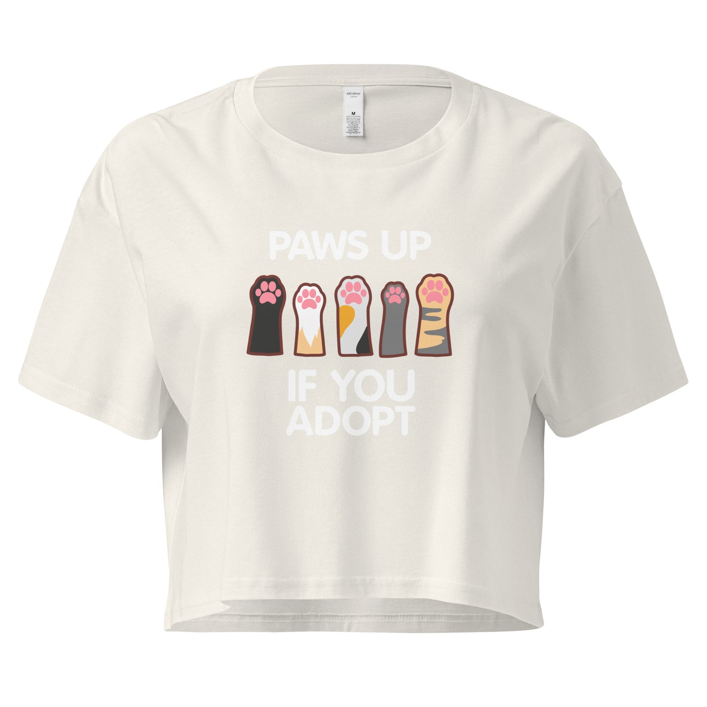 Crop top with cat paws 'Paws Up If You Adopt' text design