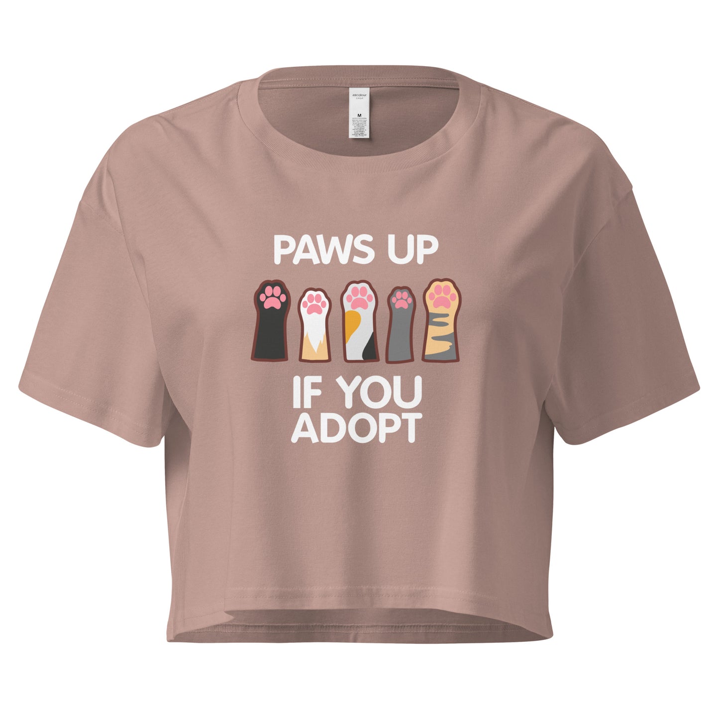 Crop top with cat paws 'Paws Up If You Adopt' text design