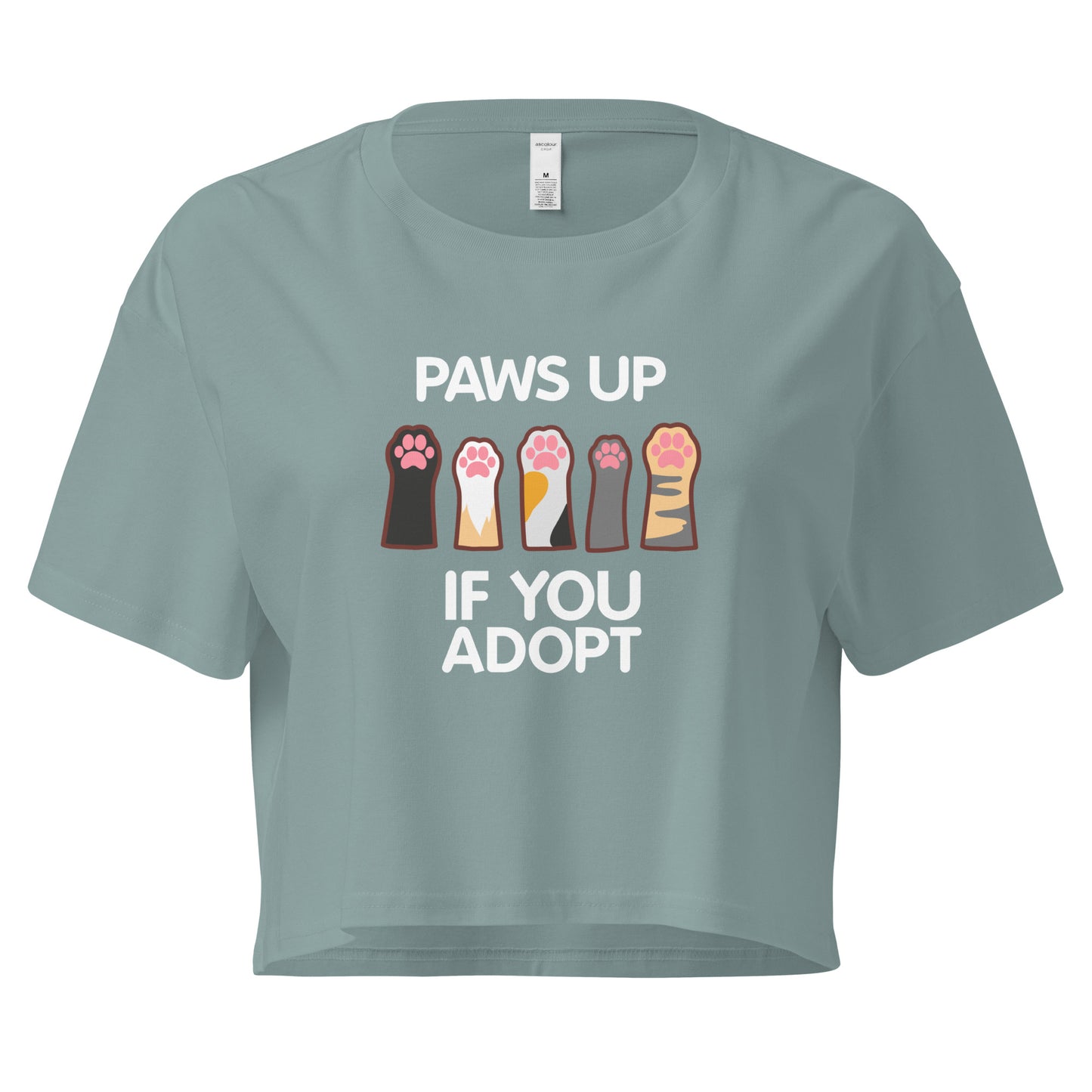 Crop top with cat paws 'Paws Up If You Adopt' text design