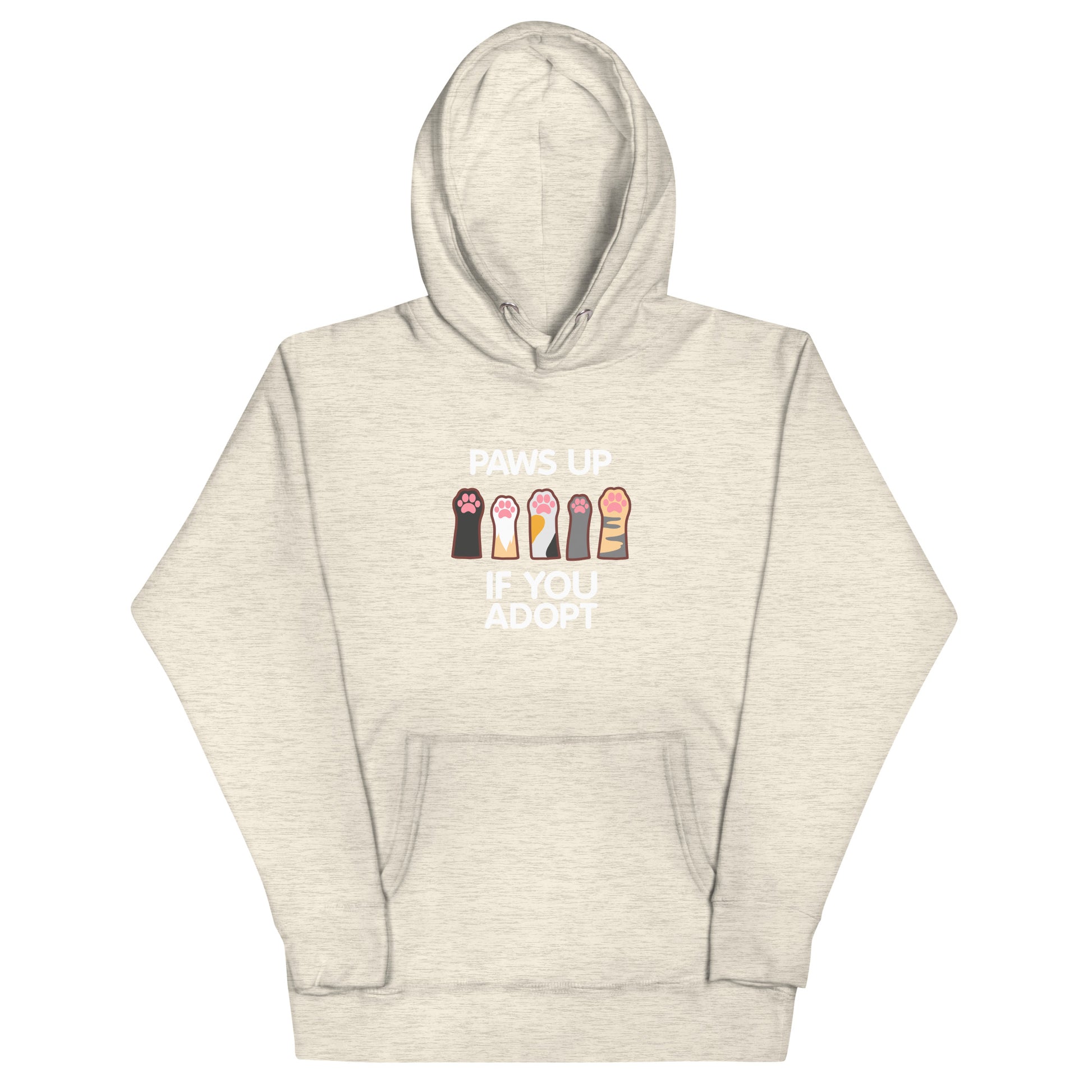 Beige heathered hoodie with 'Paws Up If You Adopt' text and paw print graphic design 