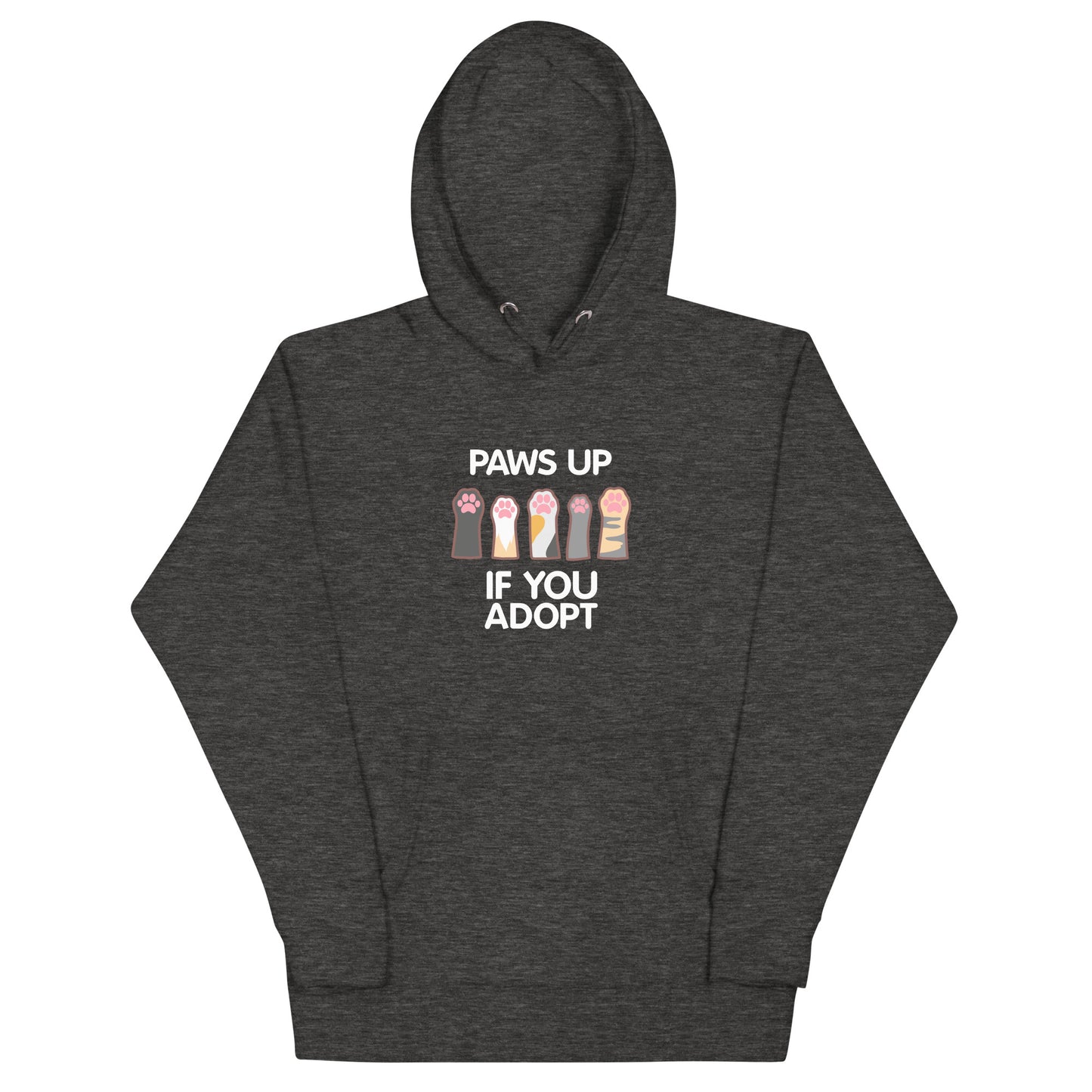 Dark gray heathered hoodie with 'Paws Up If You Adopt' text and paw print graphic design 