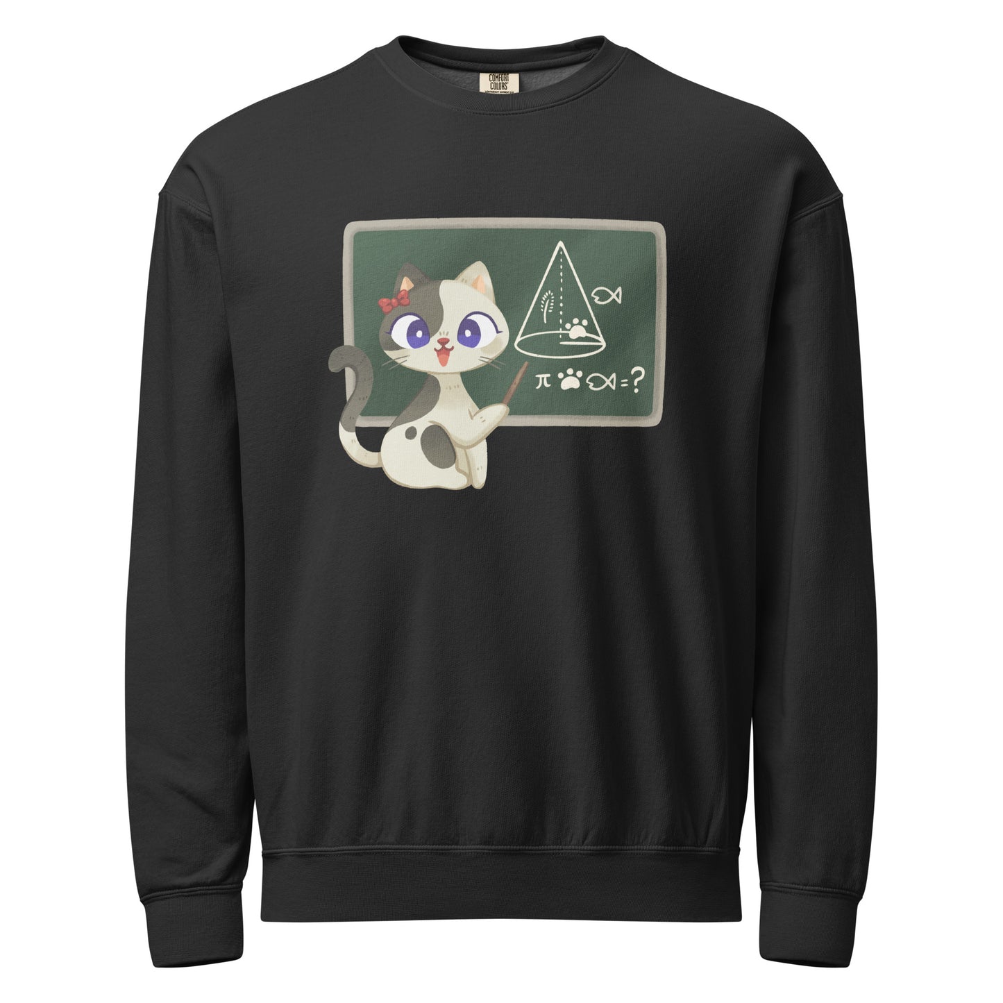Black crewneck sweatshirt with a teacher cat and chalkboard design