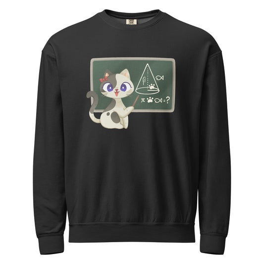 Black crewneck sweatshirt with a teacher cat and chalkboard design
