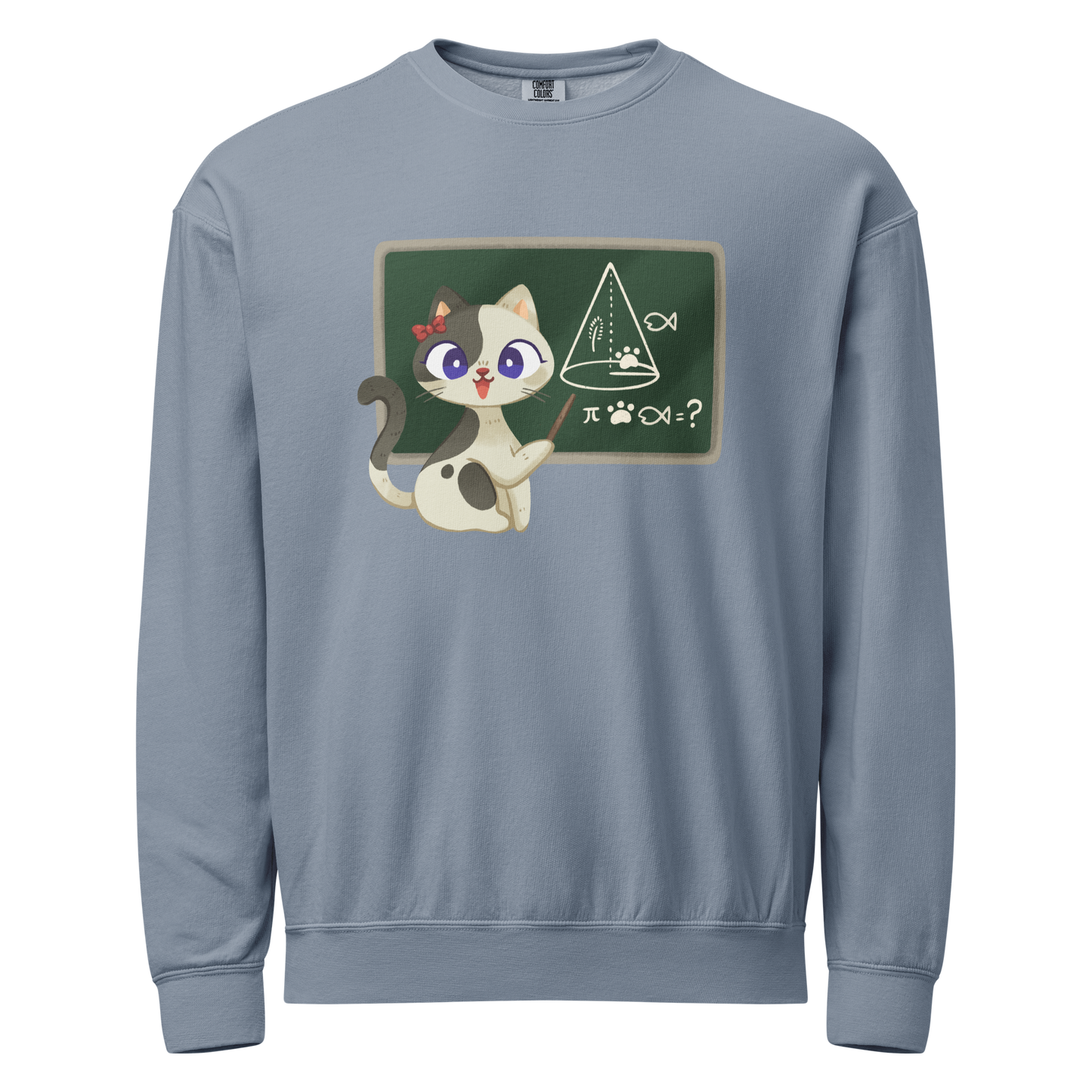 Blue crewneck sweatshirt with a teacher cat and chalkboard design