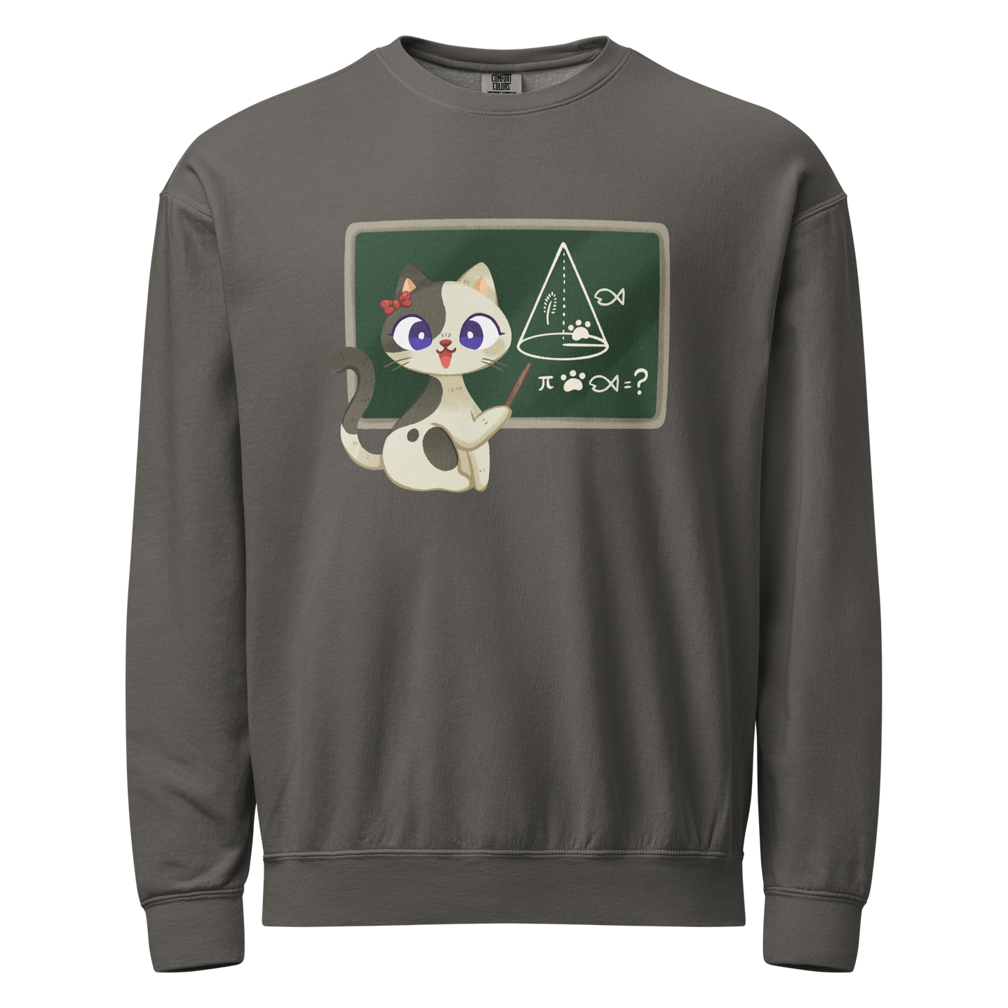 Gray crewneck sweatshirt with a teacher cat and chalkboard design