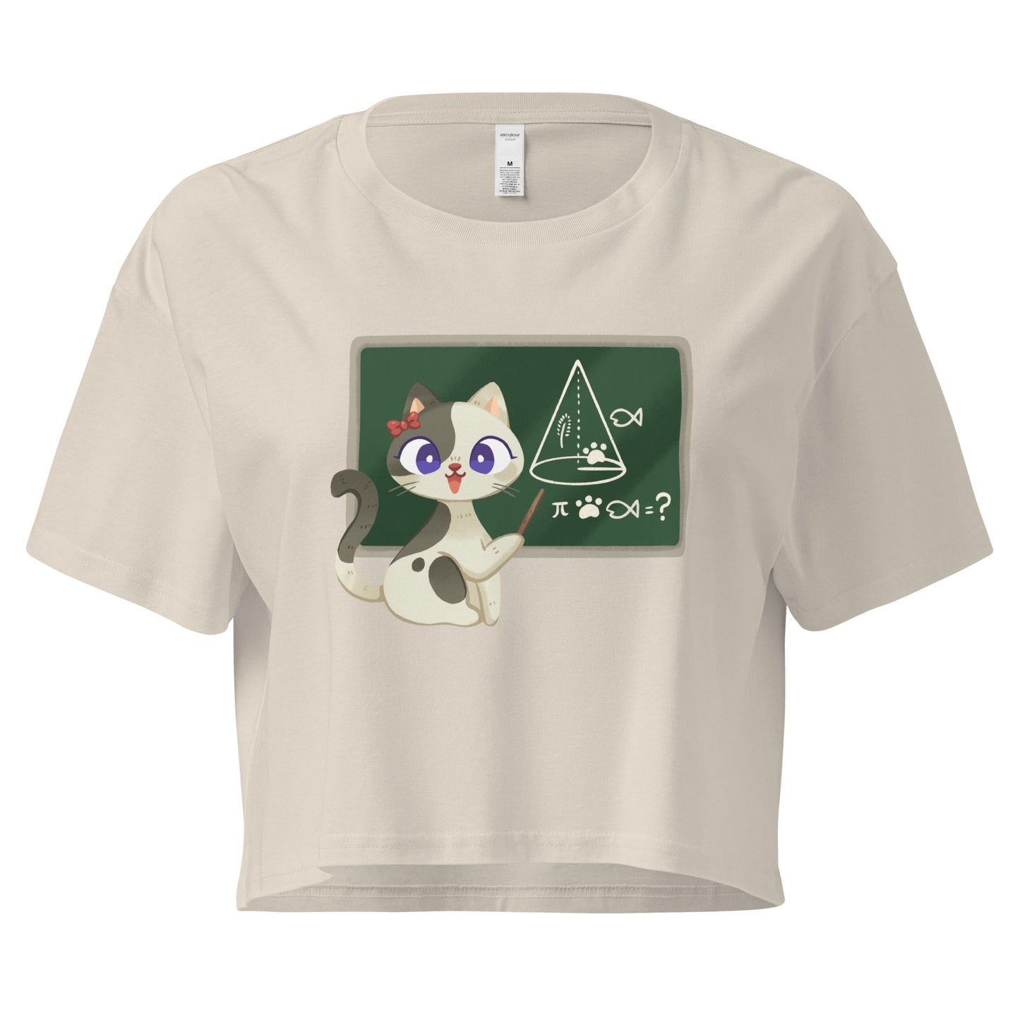 Beige crop top cat teacher in front of a chalkboard graphic design