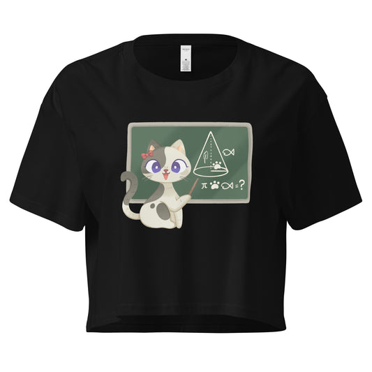 Black crop top cat teacher in front of a chalkboard graphic design