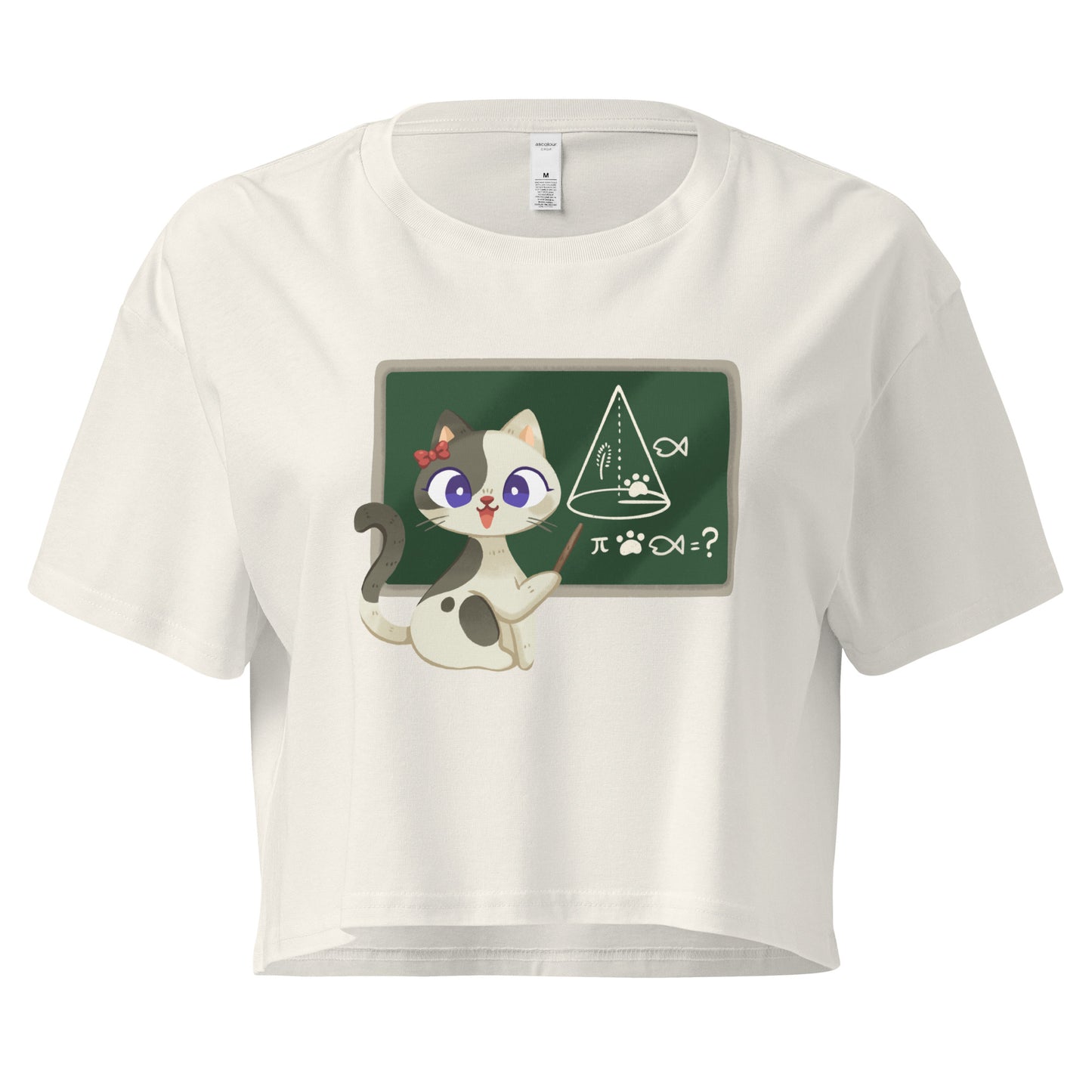 Black crop top cat teacher in front of a chalkboard graphic design