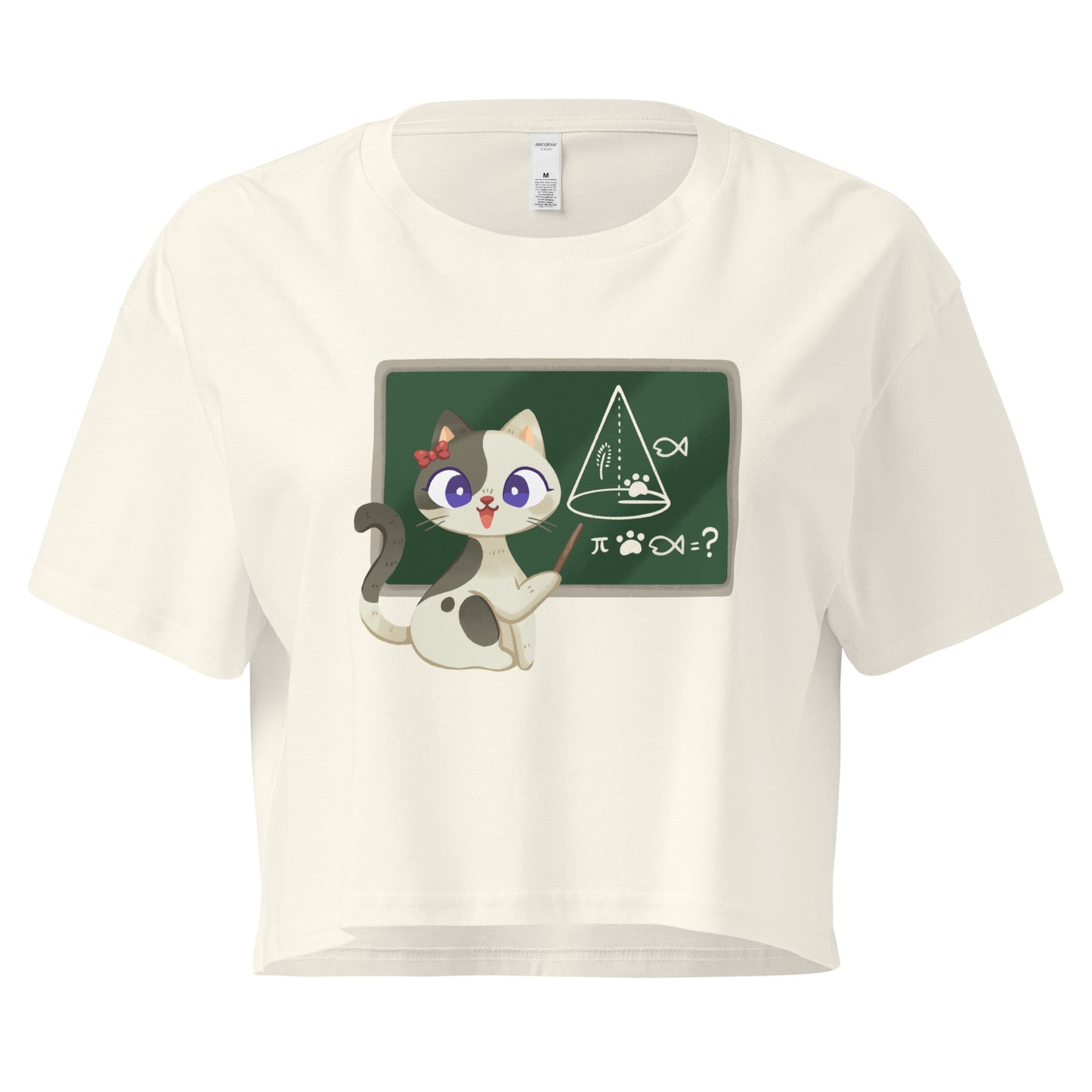 Crop top cat teacher in front of a chalkboard graphic design