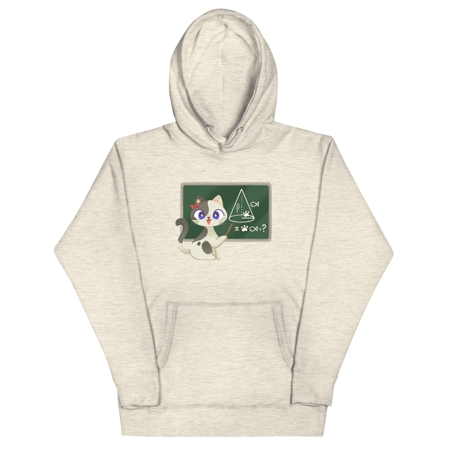 Beige heathered hoodie with a white and gray teacher cat in front of a chalkboard teaching graphic design
