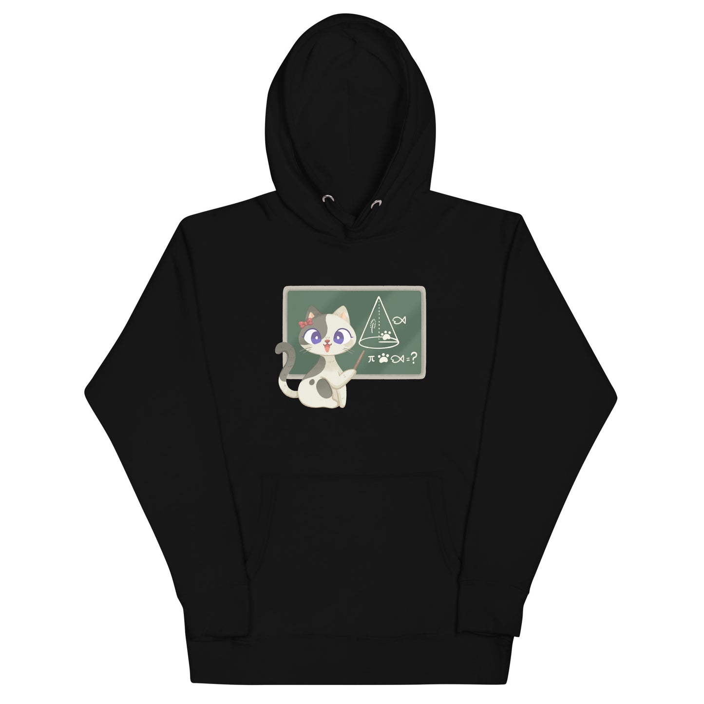 Black hoodie with a white and gray teacher cat in front of a chalkboard teaching graphic design