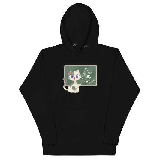 Black hoodie with a white and gray teacher cat in front of a chalkboard teaching graphic design