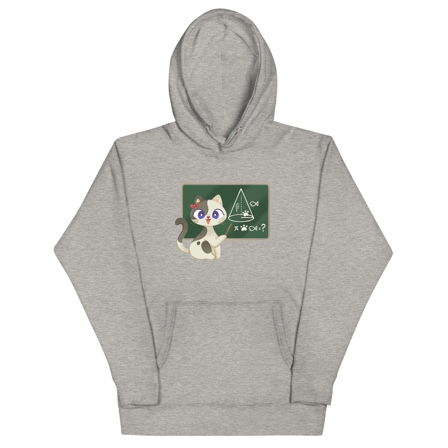 Light gray heathered hoodie with a white and gray teacher cat in front of a chalkboard teaching graphic design