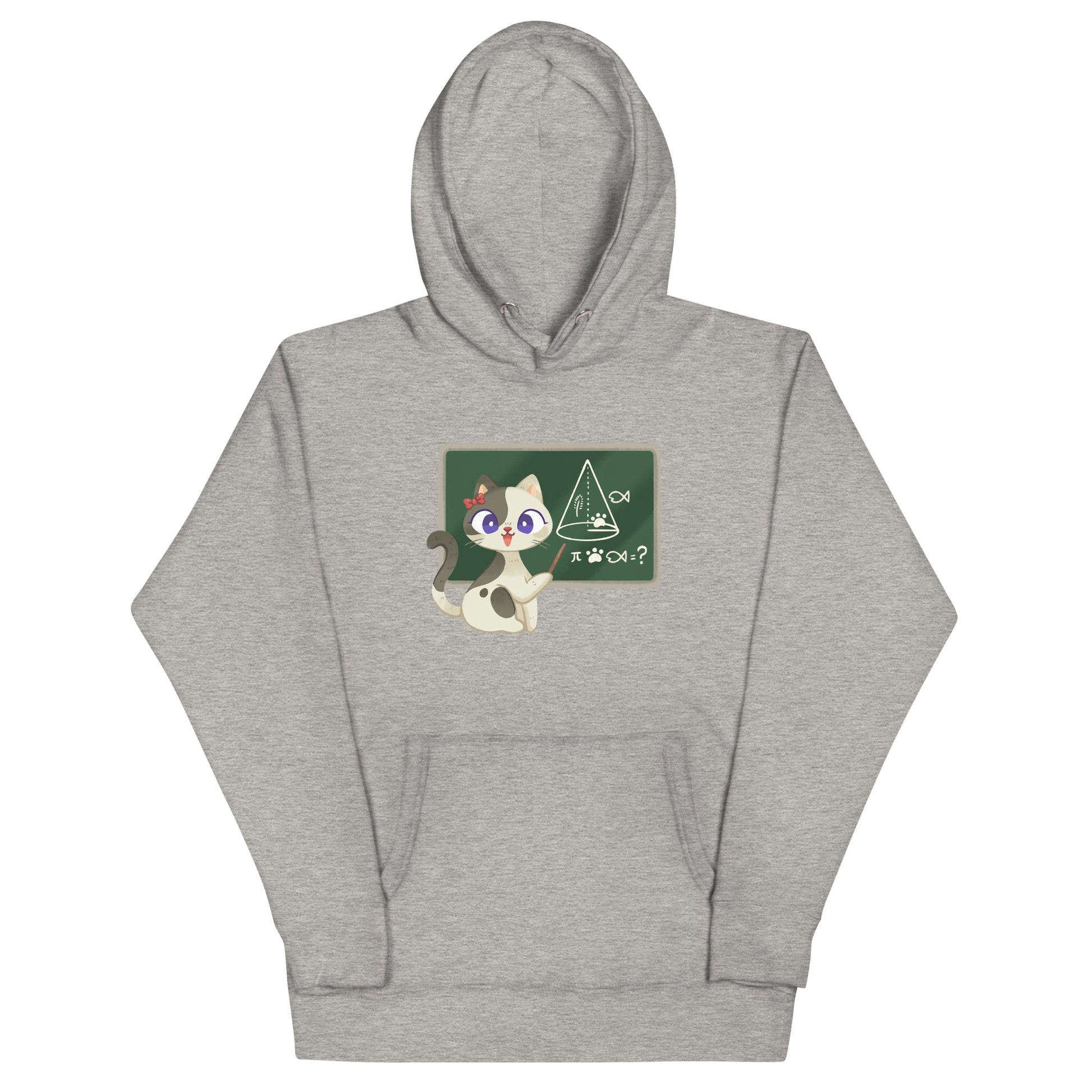 Light gray heathered hoodie with a white and gray teacher cat in front of a chalkboard teaching graphic design
