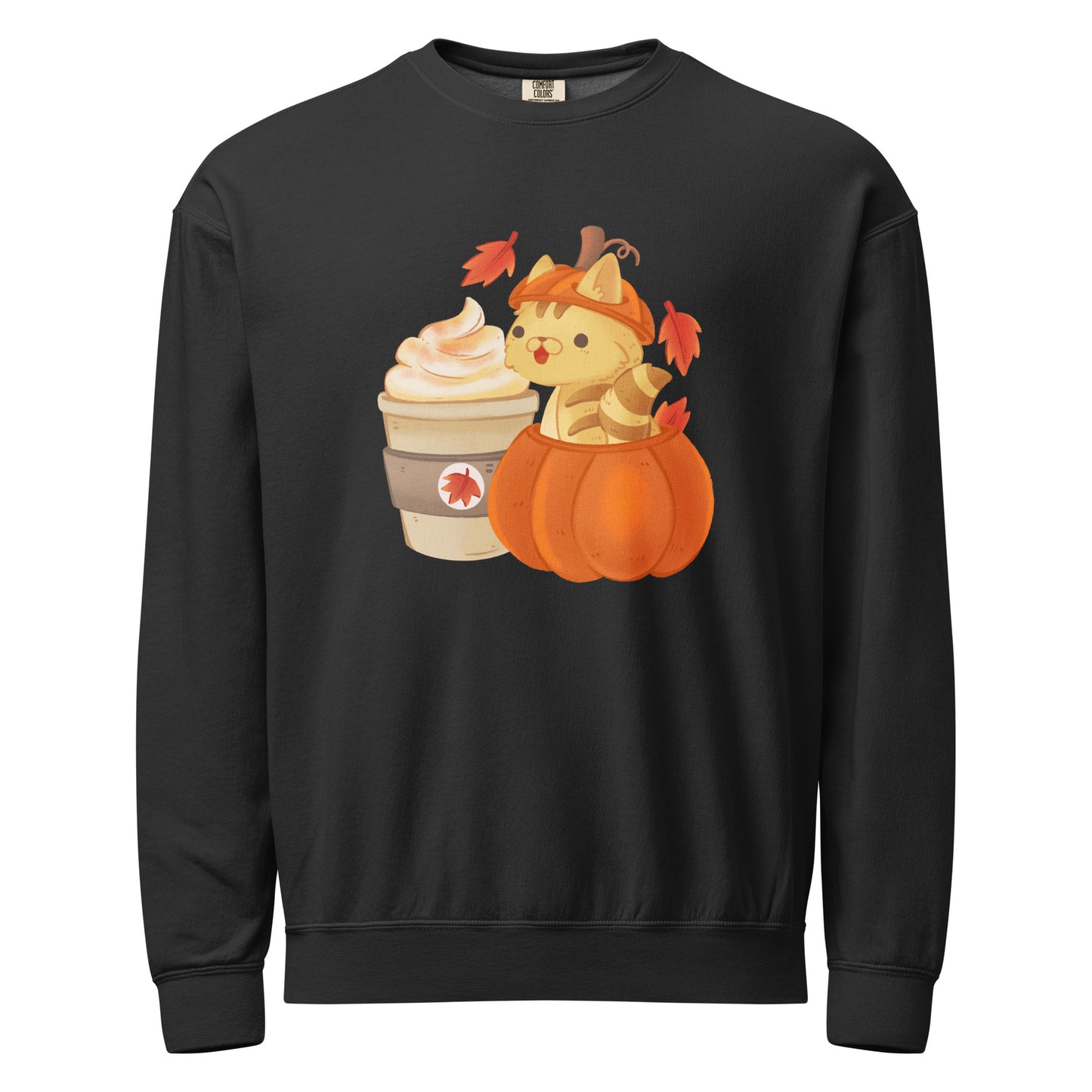 Black crewneck sweatshirt with a cute design of a cat in a pumpkin and a cup of coffee design