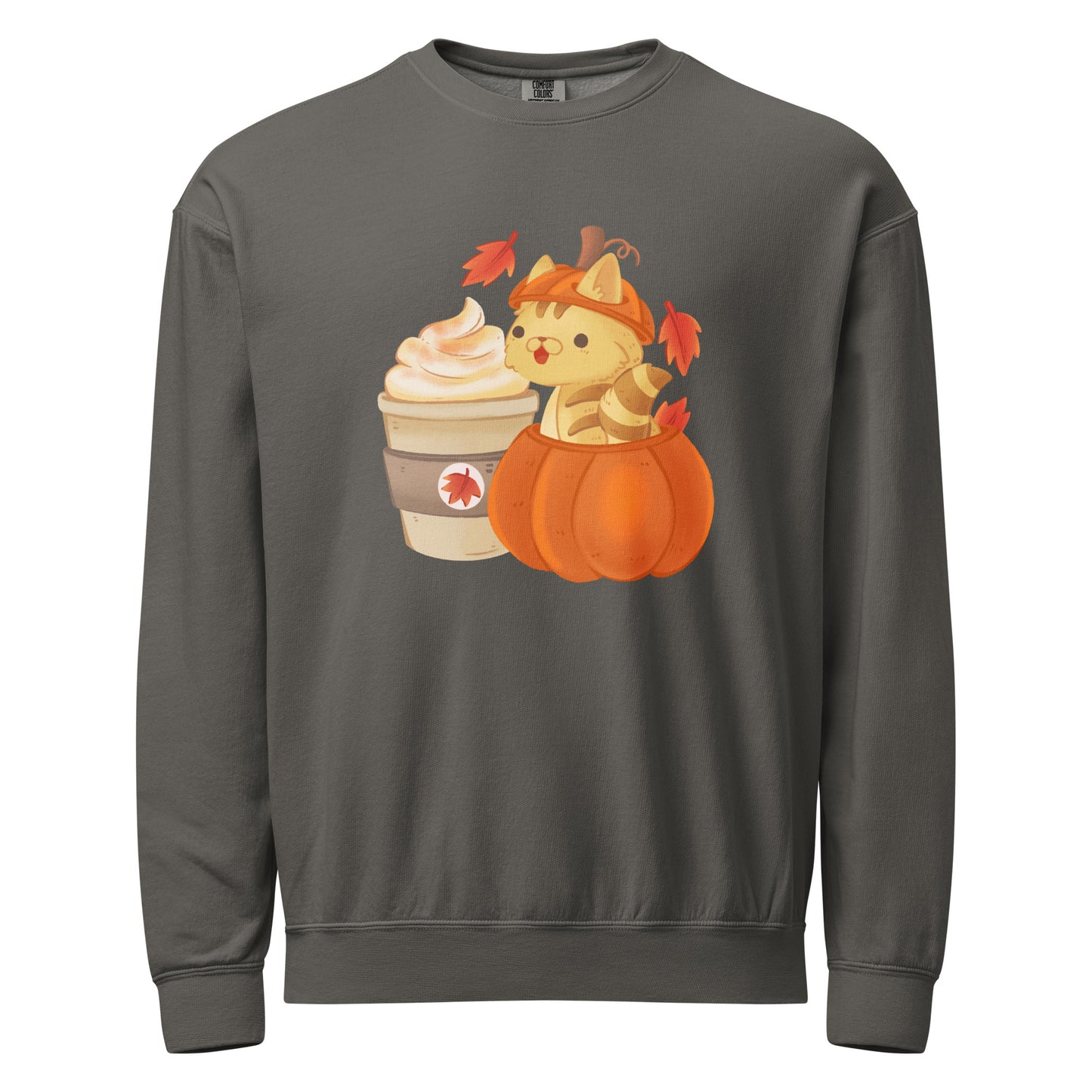 Gray crewneck sweatshirt with a cute design of a cat in a pumpkin and a cup of coffee design