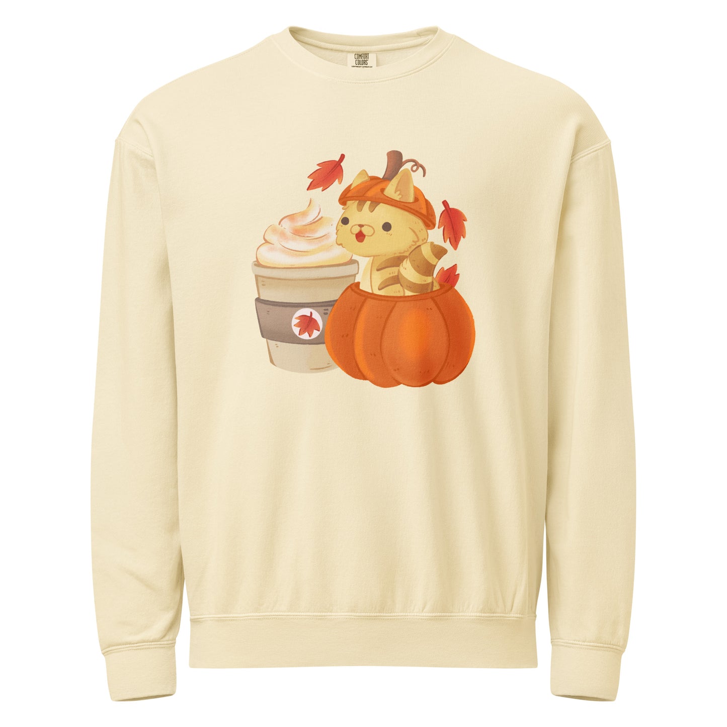 Ivory crewneck sweatshirt with a cute design of a cat in a pumpkin and a cup of coffee design