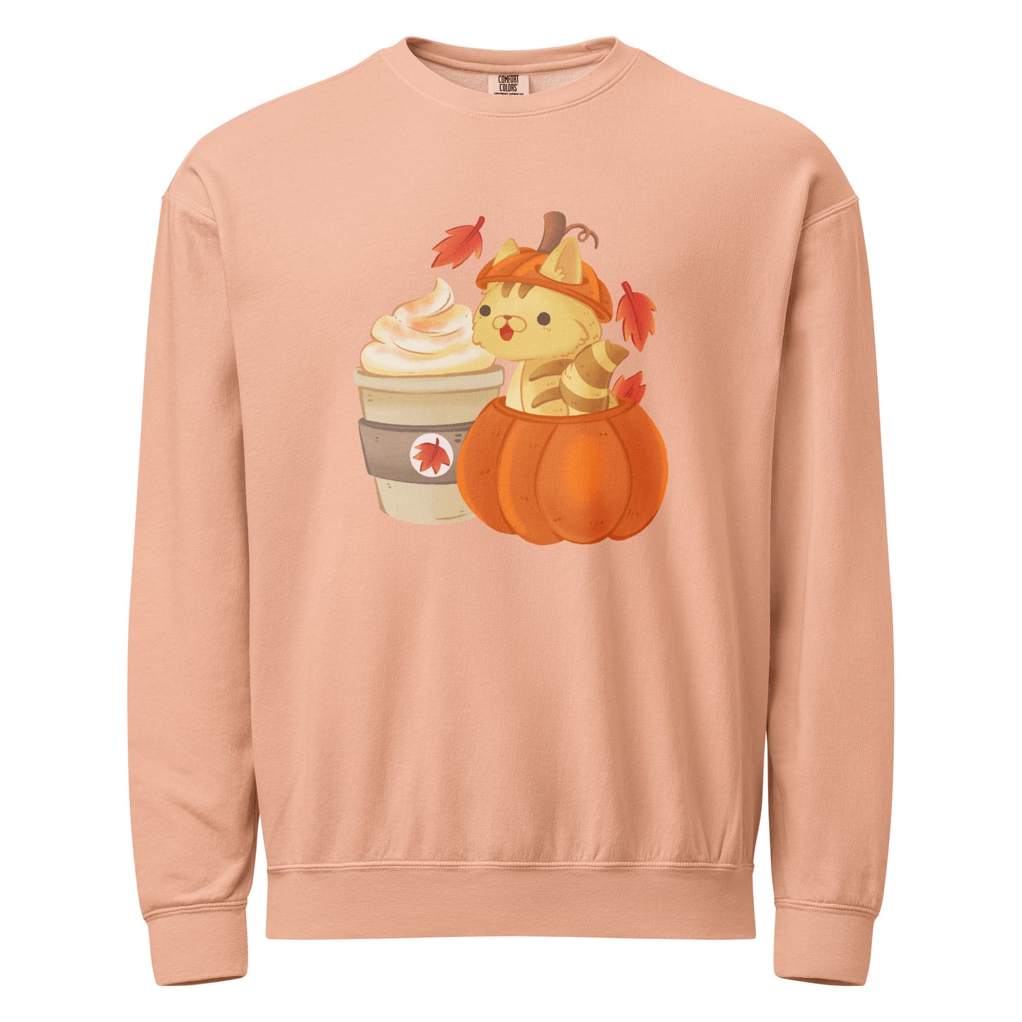 Peach crewneck sweatshirt with a cute design of a cat in a pumpkin and a cup of coffee design
