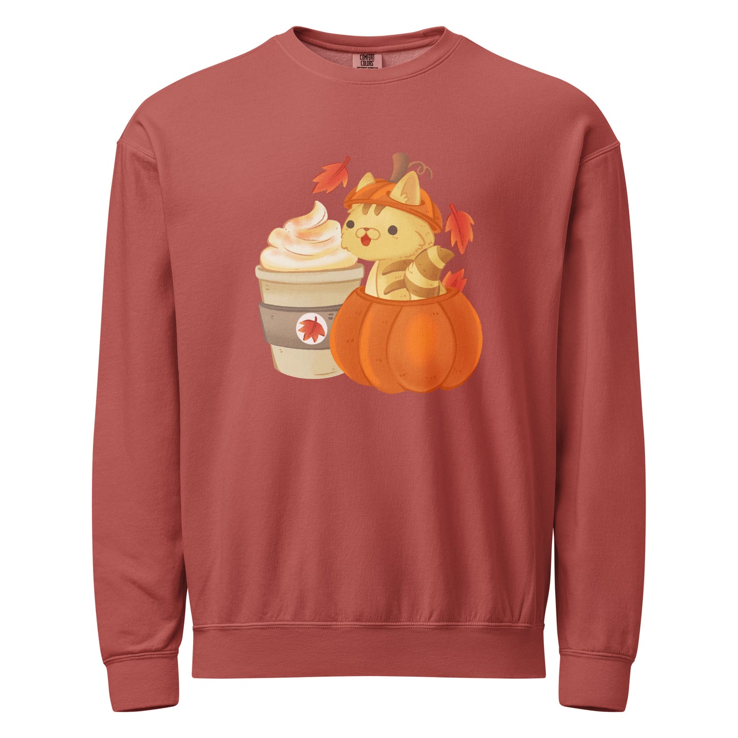 Red crewneck sweatshirt with a cute design of a cat in a pumpkin and a cup of coffee design