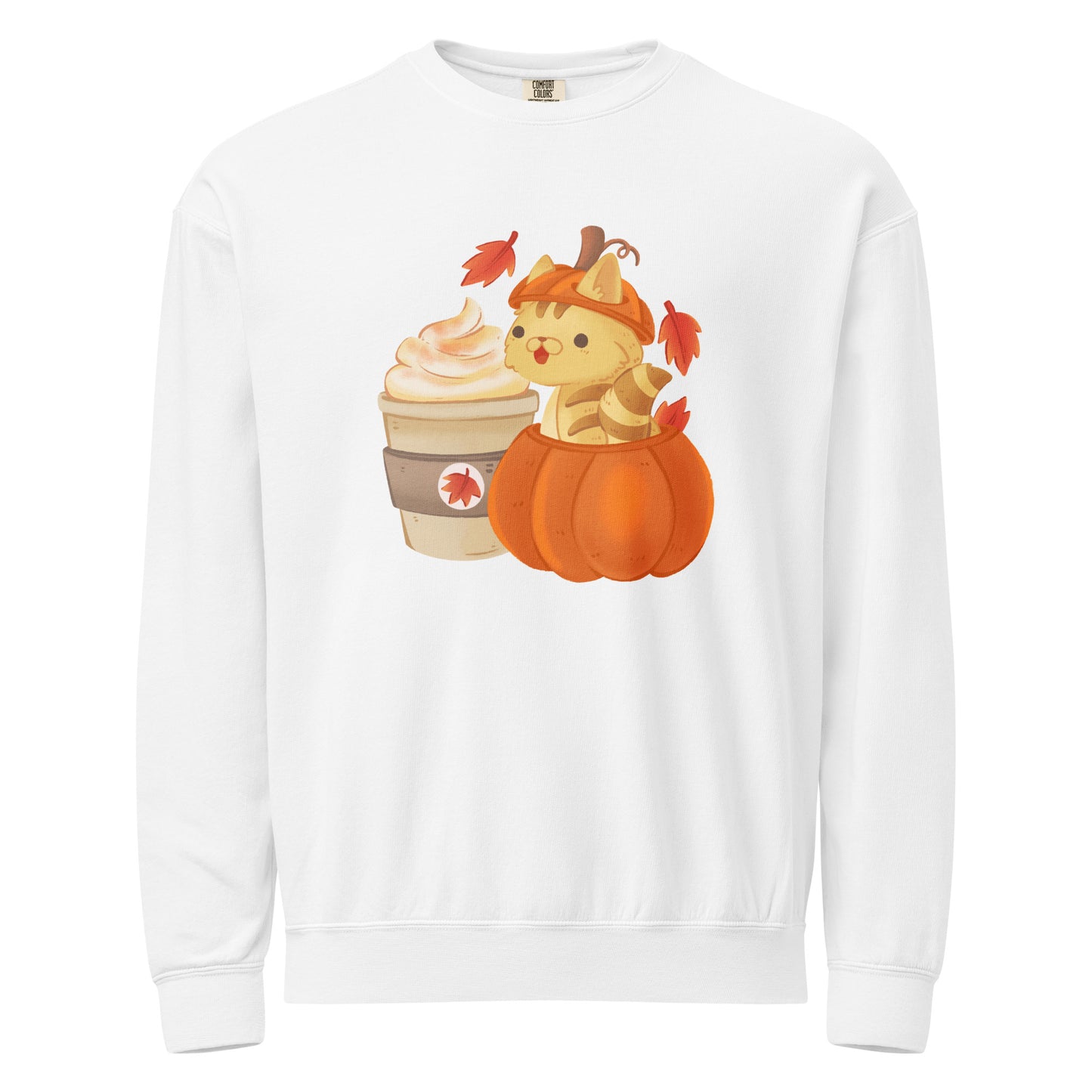 White crewneck sweatshirt with a cute design of a cat in a pumpkin and a cup of coffee design