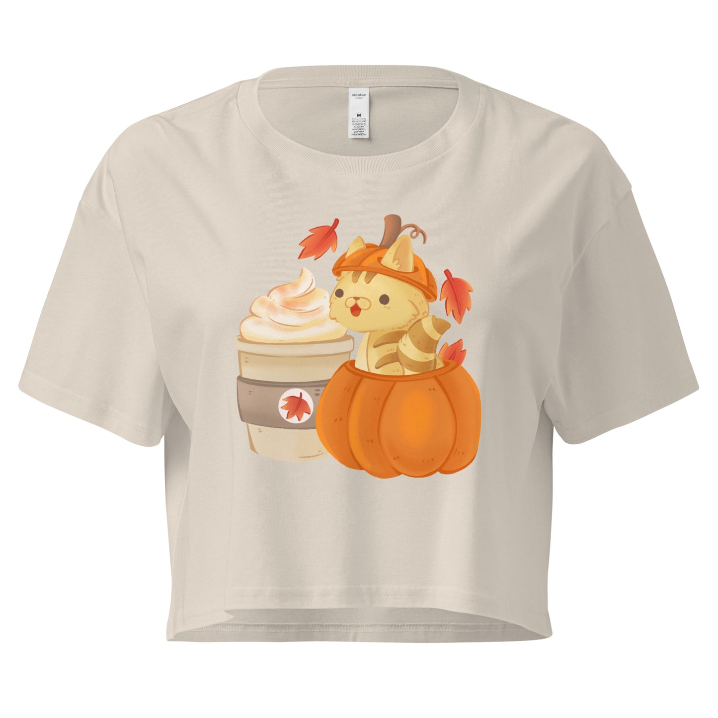 Beige crop top with a cat in a pumpkin next to a latte graphic design
