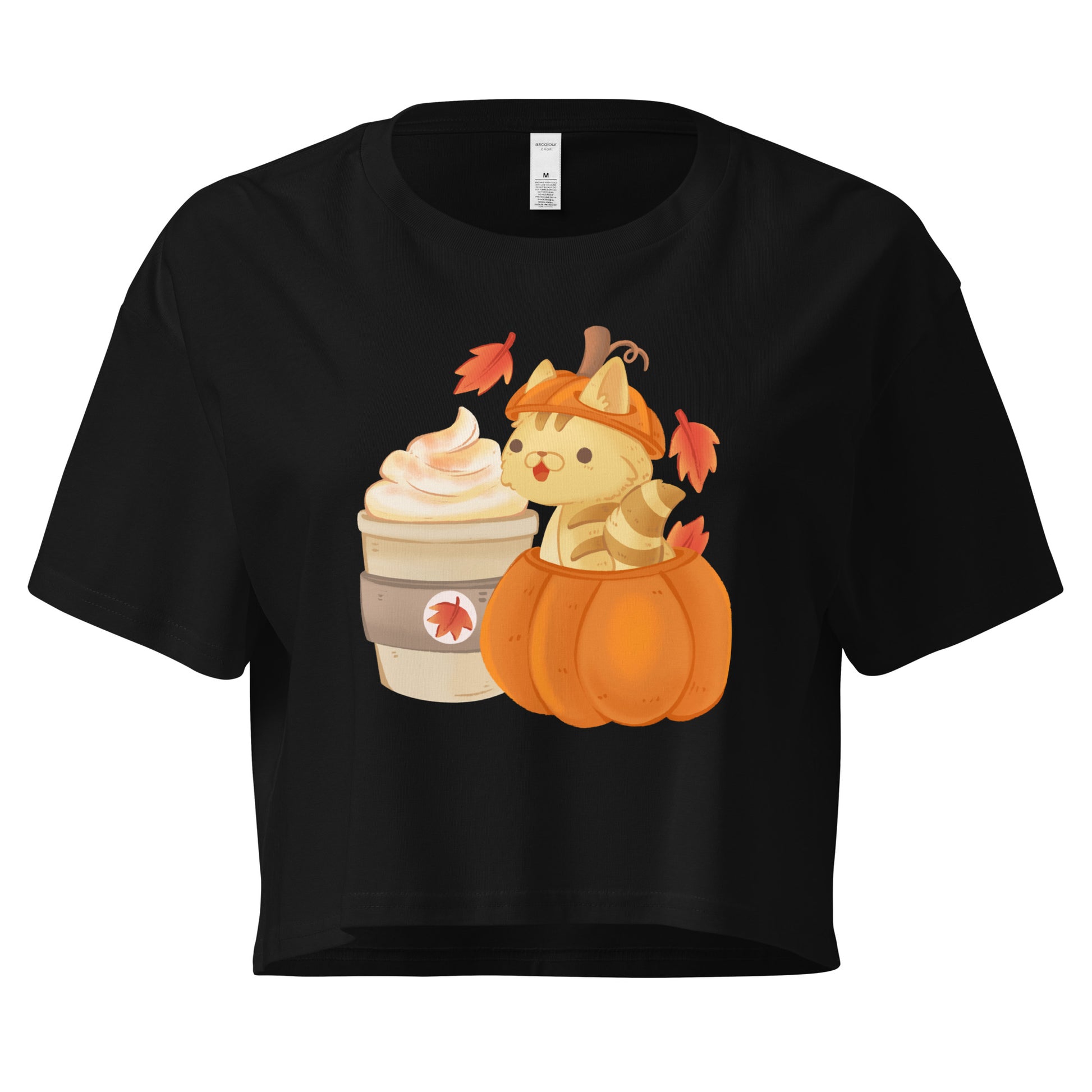 Black crop top with a cat in a pumpkin next to a latte graphic design