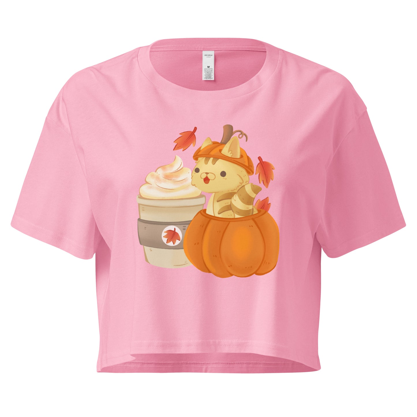 Pink crop top with a cat in a pumpkin next to a latte graphic design