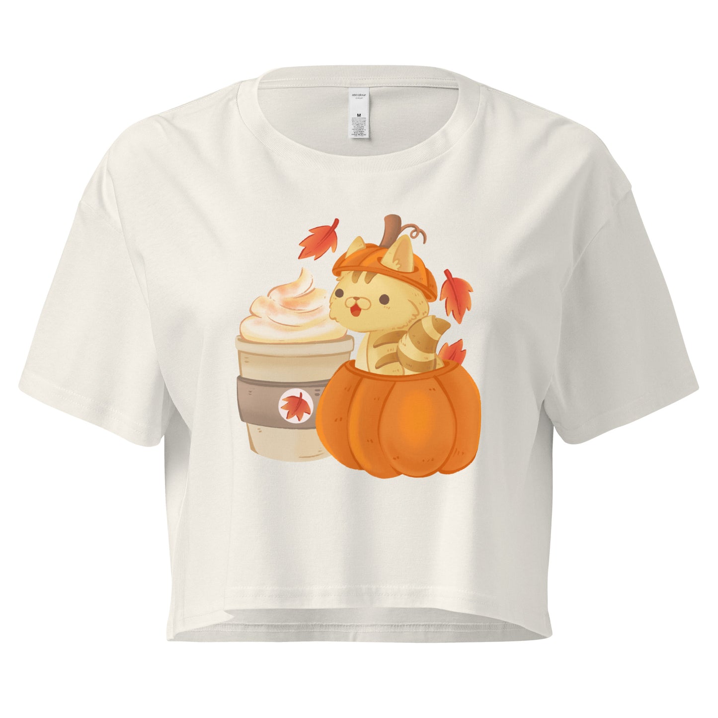 Crop top with a cat in a pumpkin next to a latte graphic design