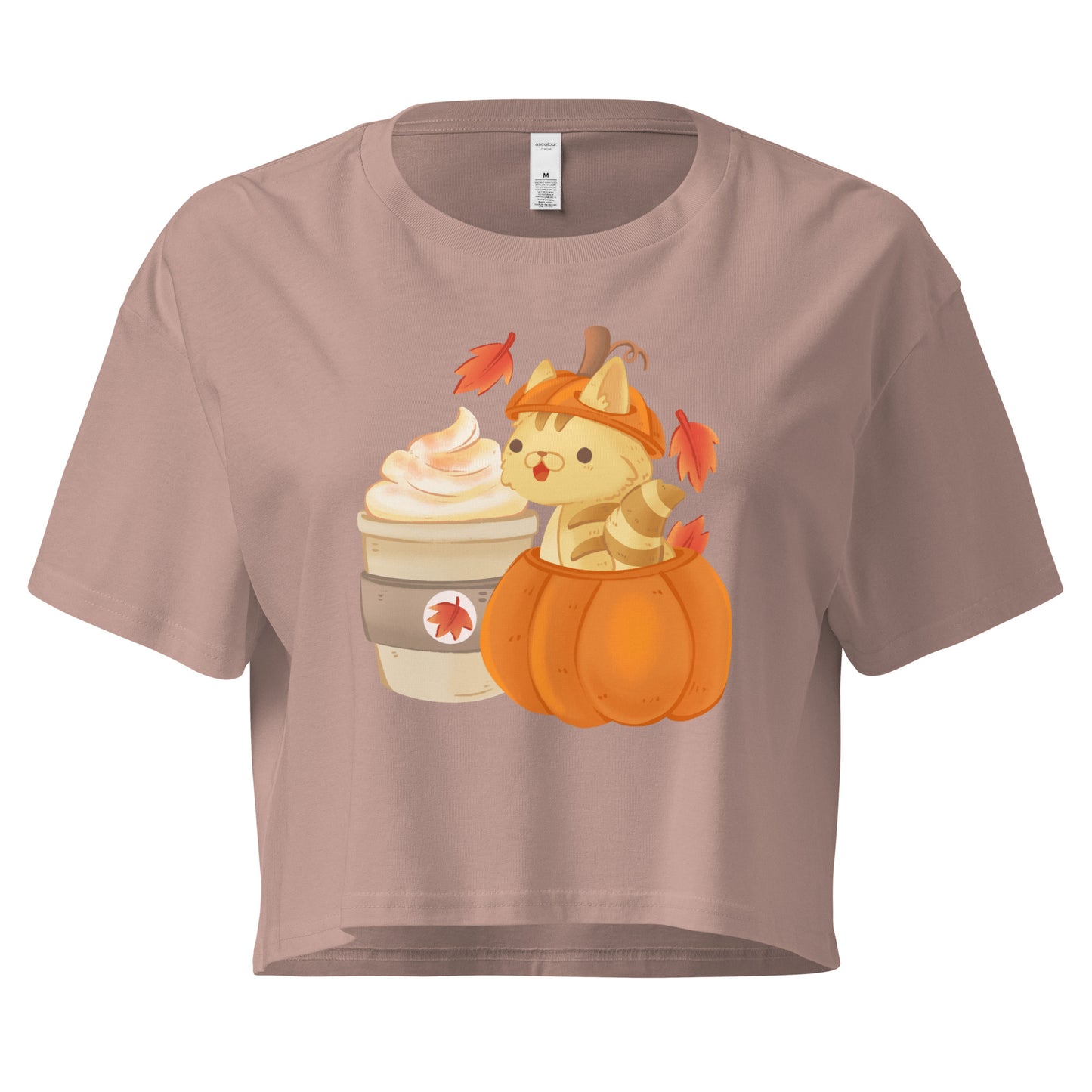 Crop top with a cat in a pumpkin next to a latte graphic design