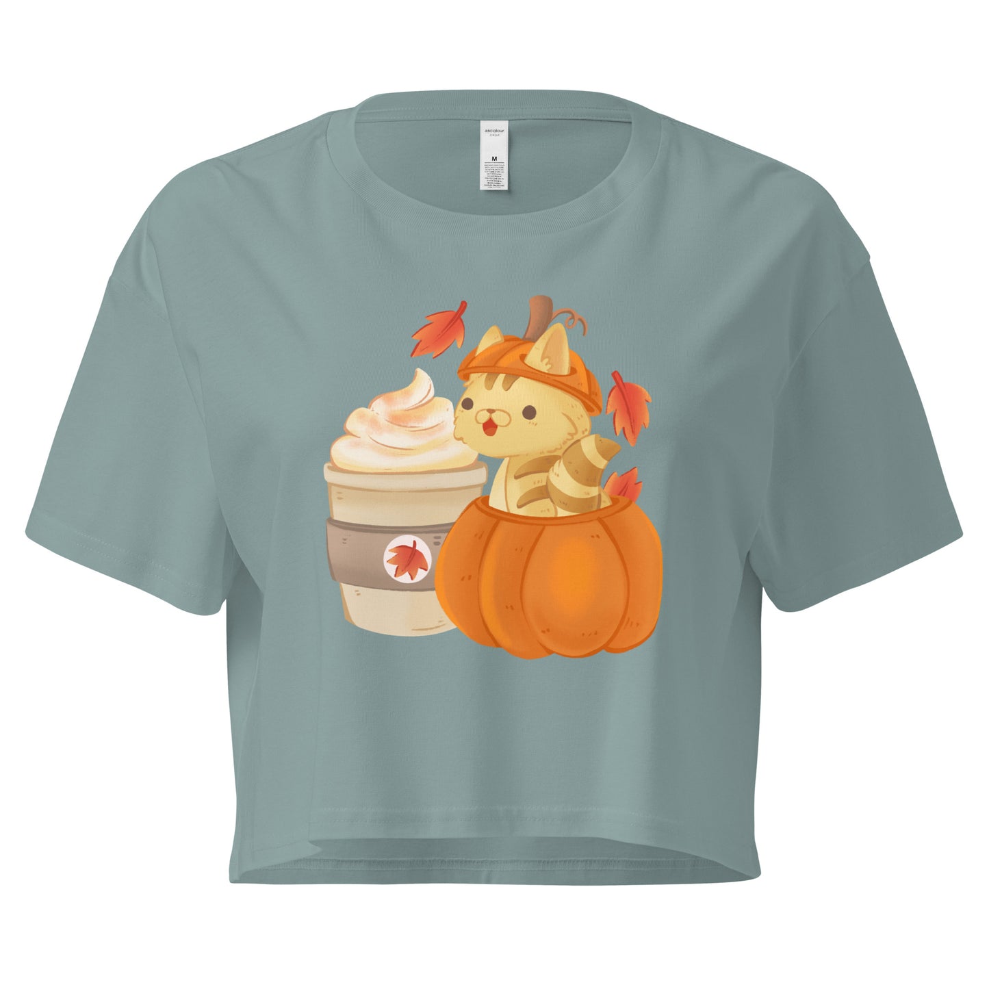 Crop top with a cat in a pumpkin next to a latte graphic design