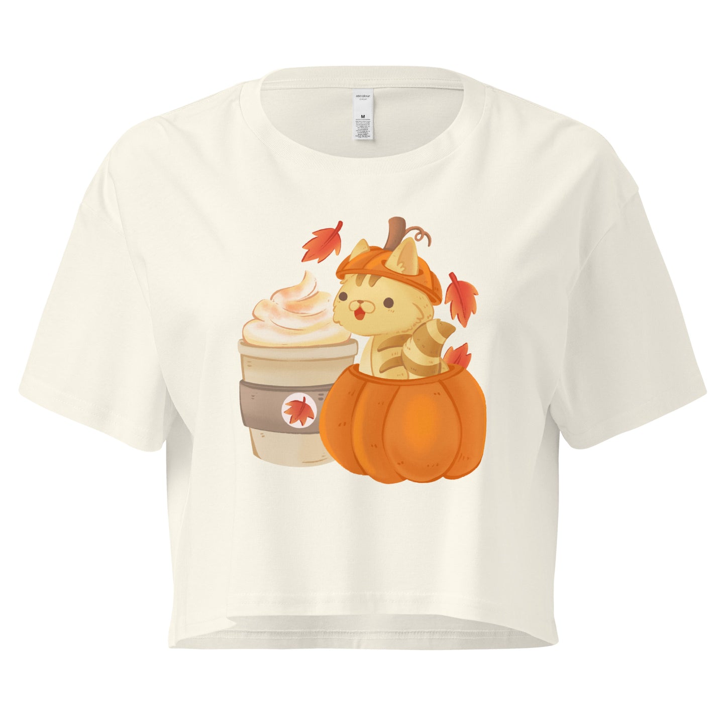 Crop top with a cat in a pumpkin next to a latte graphic design