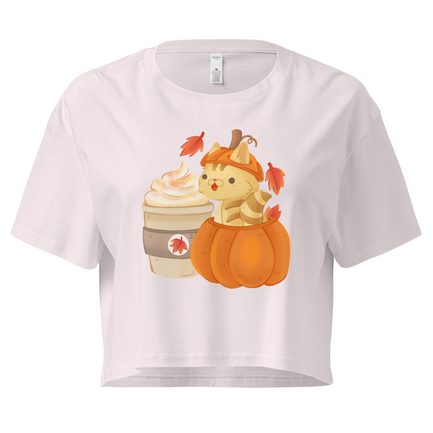 Crop top with a cat in a pumpkin next to a latte graphic design