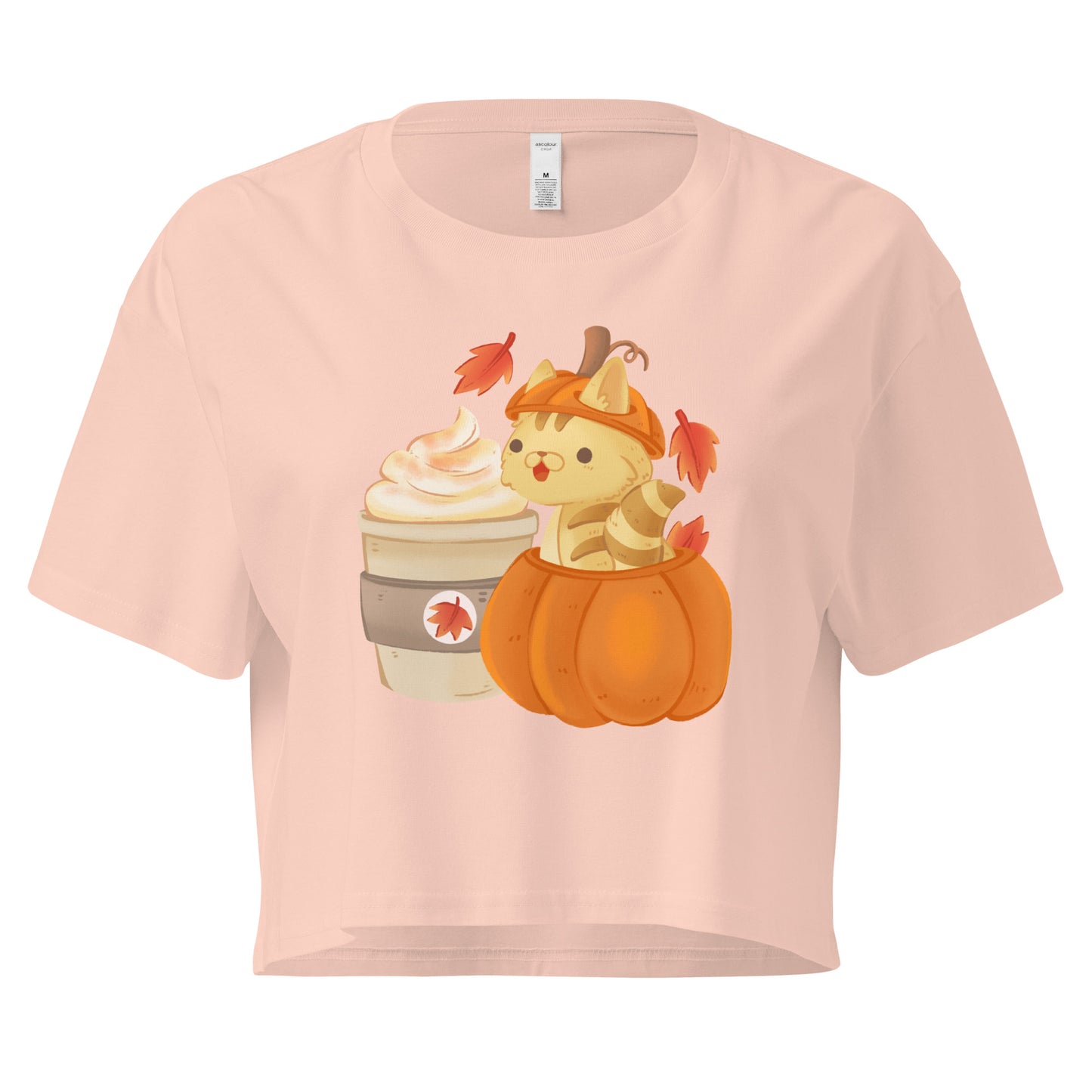 Peach crop top with a cat in a pumpkin next to a latte graphic design