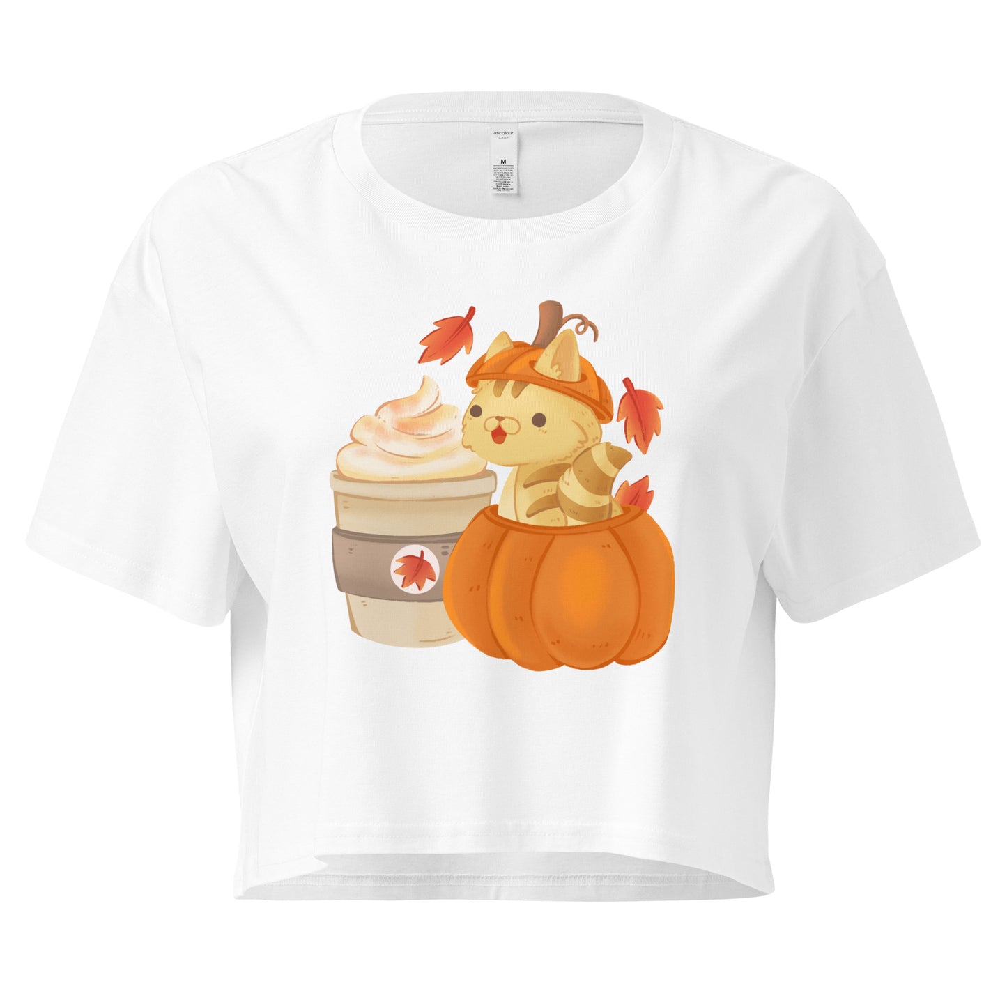 White crop top with a cat in a pumpkin next to a latte graphic design