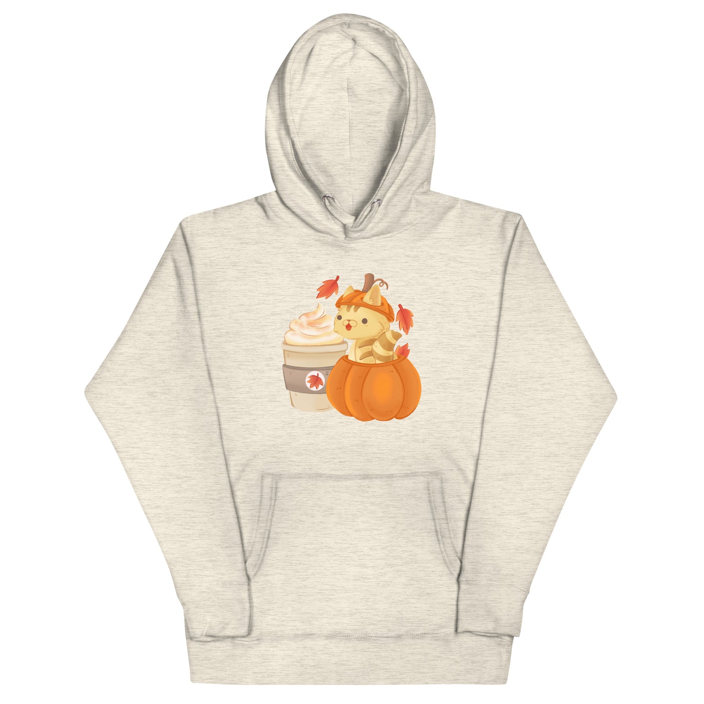 Beige heathered hoodie of a cat sitting inside of a pumpkin next to pumpkin spice latte with leaves falling graphic design