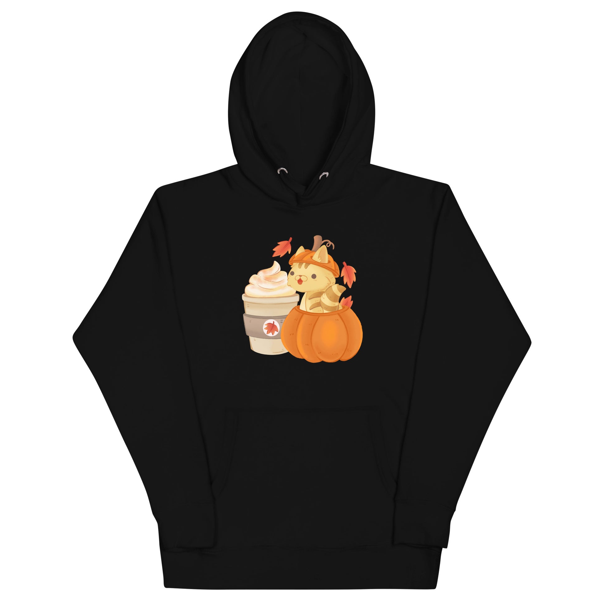 Black hoodie of a cat sitting inside of a pumpkin next to pumpkin spice latte with leaves falling graphic design