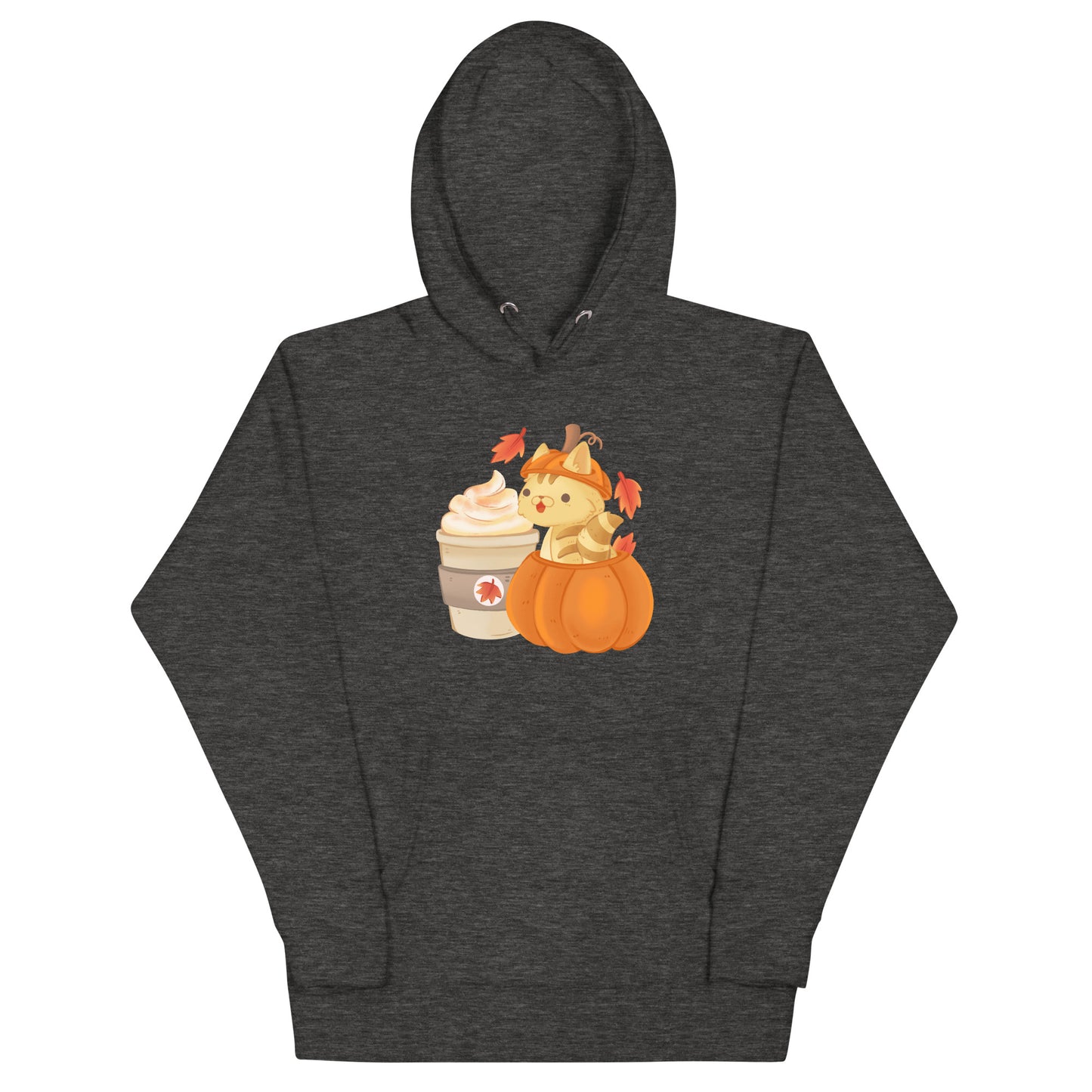 Dark gray heathered hoodie of a cat sitting inside of a pumpkin next to pumpkin spice latte with leaves falling graphic design