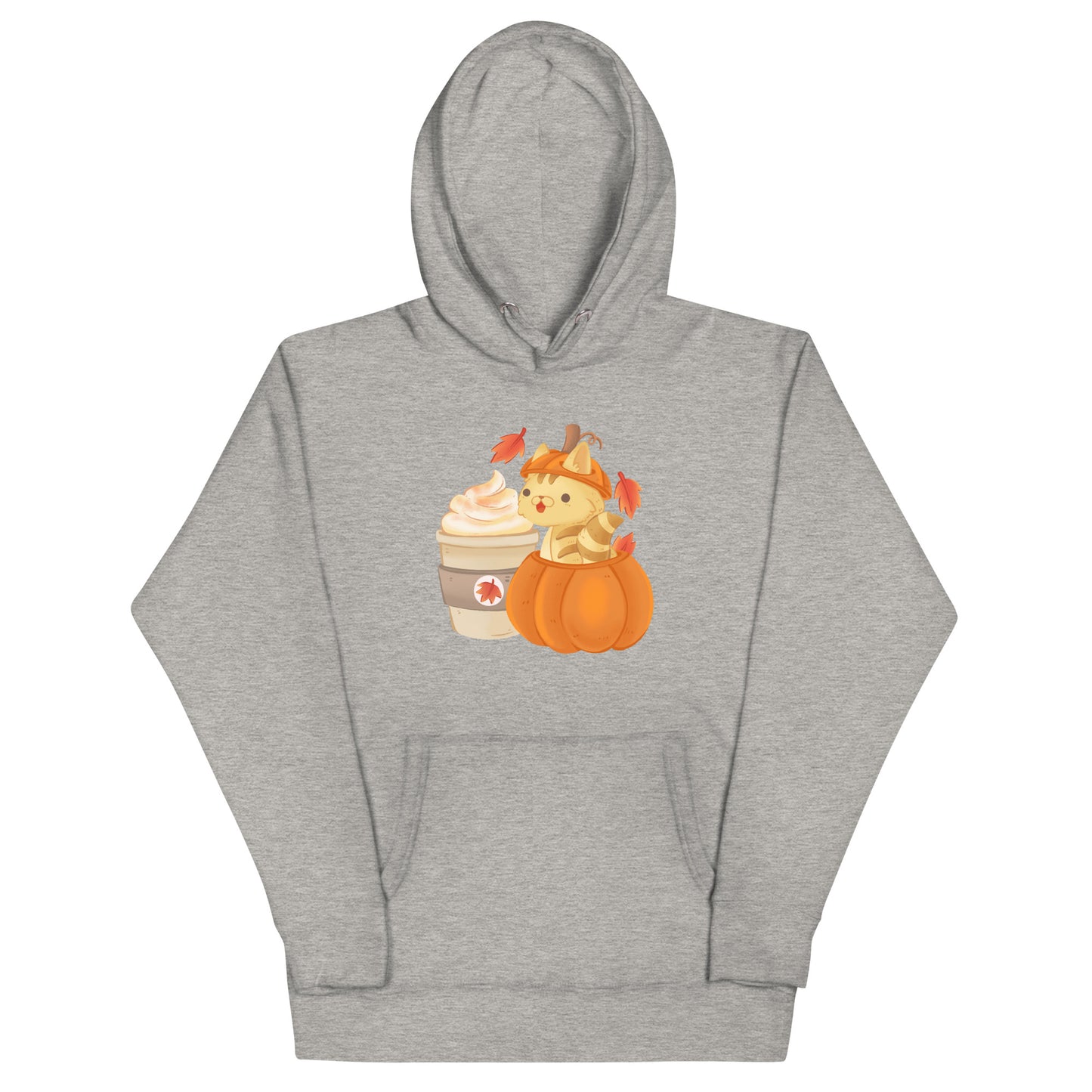 Light gray heathered hoodie of a cat sitting inside of a pumpkin next to pumpkin spice latte with leaves falling graphic design