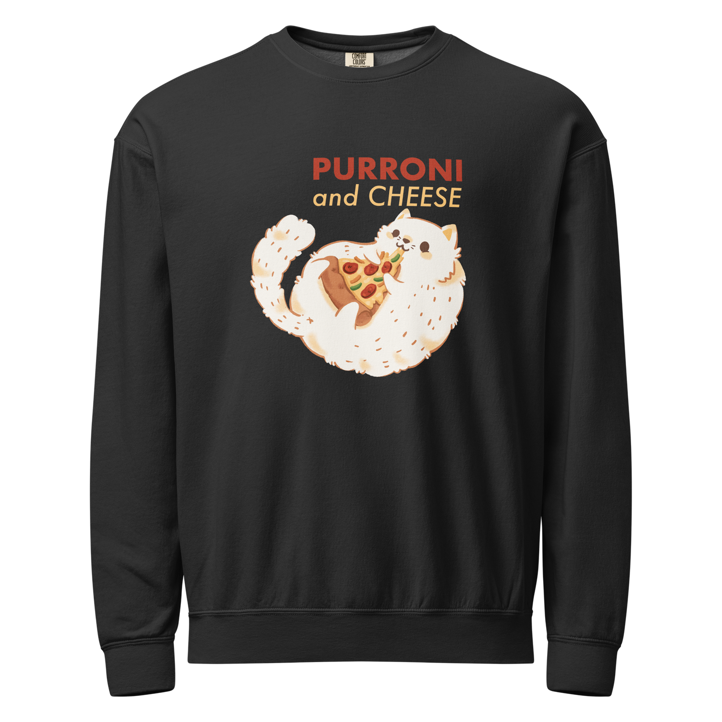 Black crewneck sweatshirt with a cat eating pizza graphic design and 'PURRONI and CHEESE' text