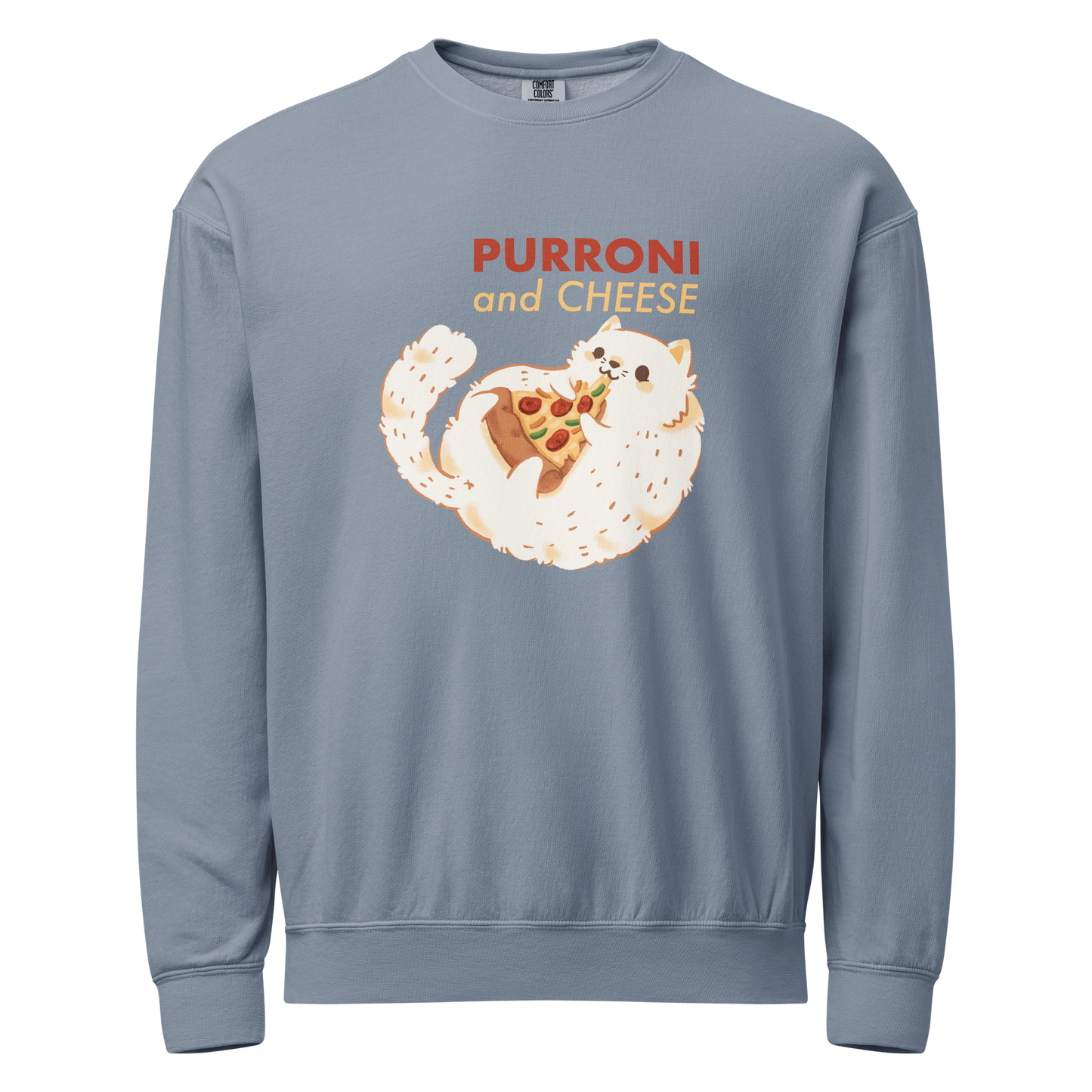 Blue crewneck sweatshirt with a cat eating pizza graphic design and 'PURRONI and CHEESE' text