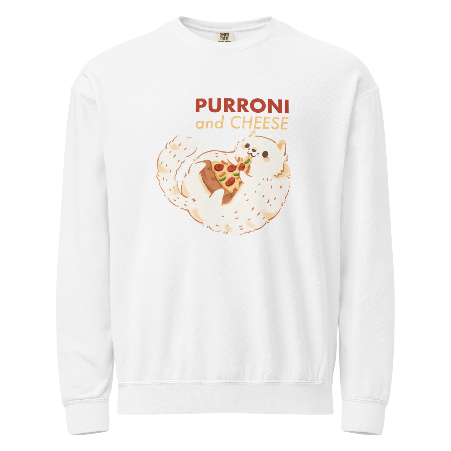 White crewneck sweatshirt with a cat eating pizza graphic design and 'PURRONI and CHEESE' text