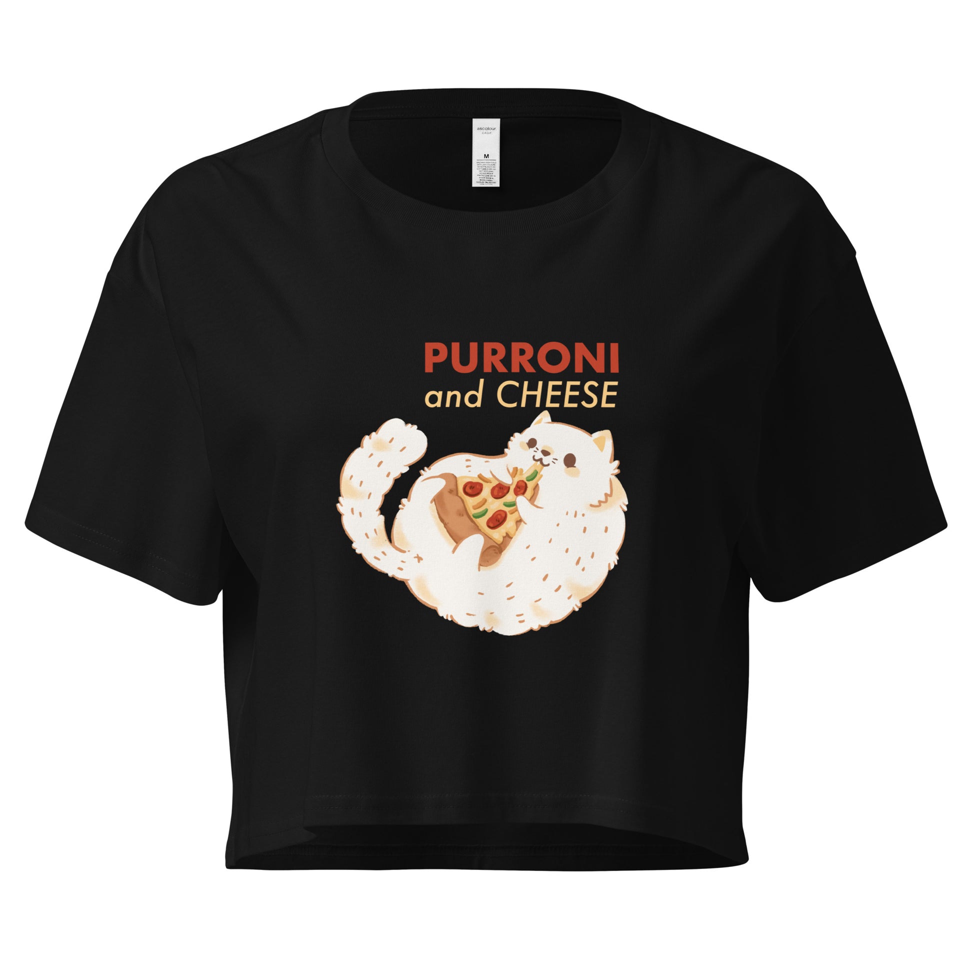 Black crop top with a cat eating pizza graphic design and 'PURRONI and CHEESE' text