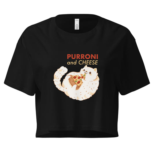 Black crop top with a cat eating pizza graphic design and 'PURRONI and CHEESE' text