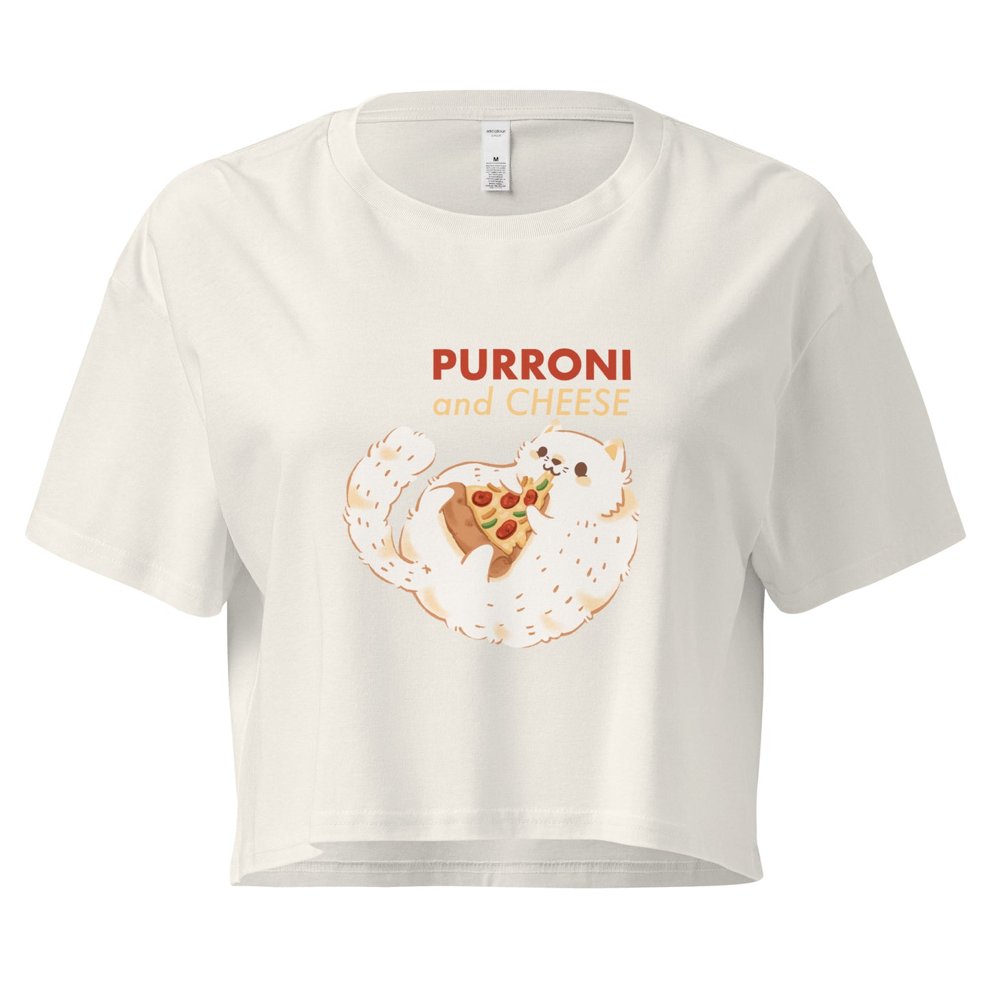 Crop top with a cat eating pizza graphic design and 'PURRONI and CHEESE' text