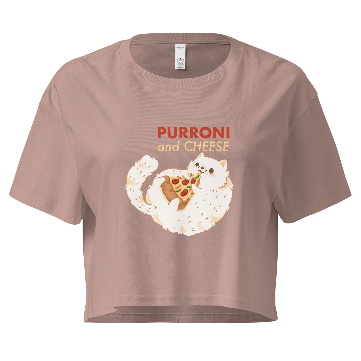 Crop top with a cat eating pizza graphic design and 'PURRONI and CHEESE' text