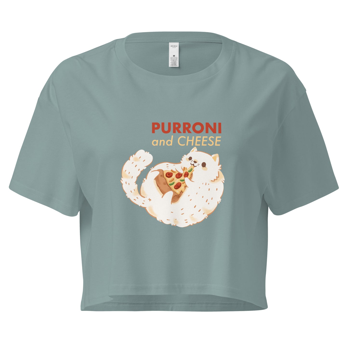 Crop top with a cat eating pizza graphic design and 'PURRONI and CHEESE' text